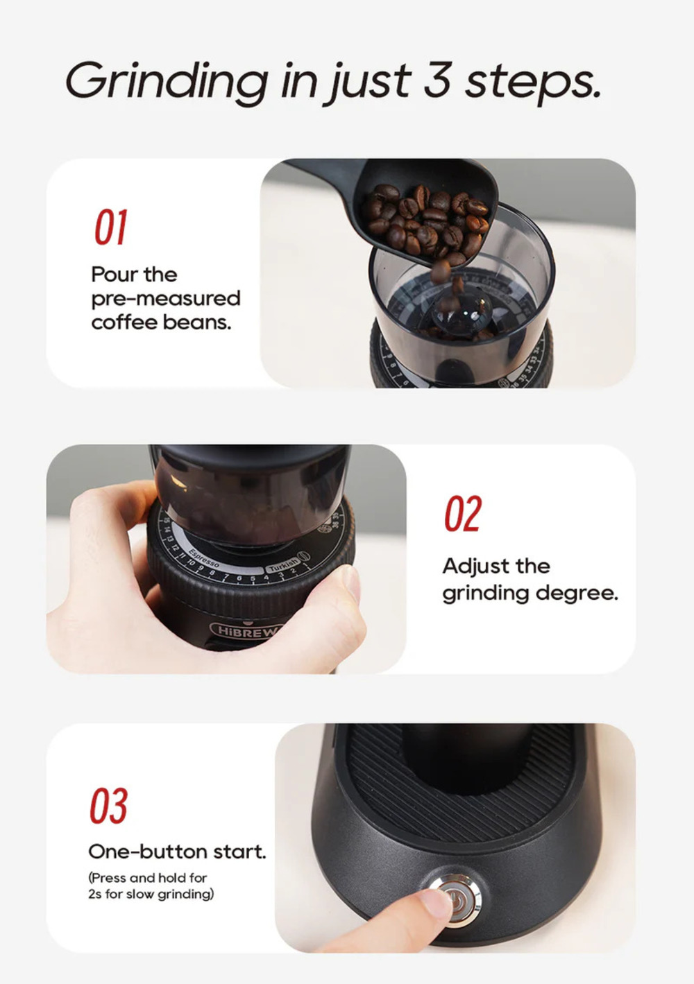 Kaffeebohnen werden in eine Kaffeemühle gegossen. Mahlgrad wird eingestellt. Knopf wird gedrückt.