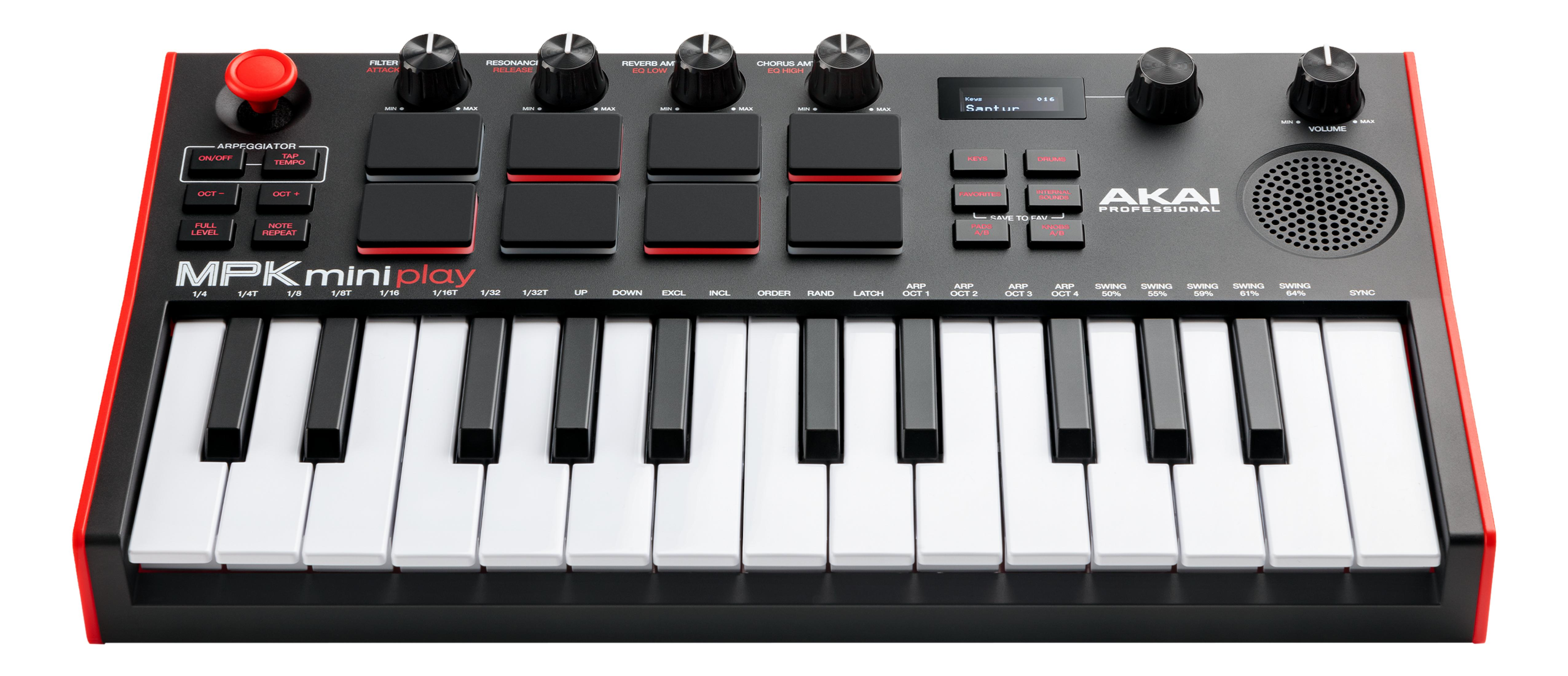 Czarny kontroler MIDI AKAI MPK Mini Play z białymi i czarnymi klawiszami.