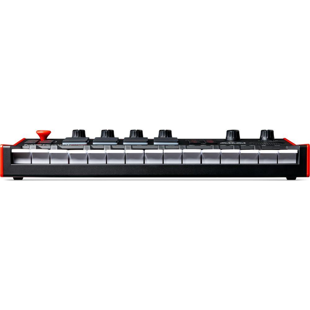 Czarny syntezator z czerwonymi akcentami i białymi klawiszami.