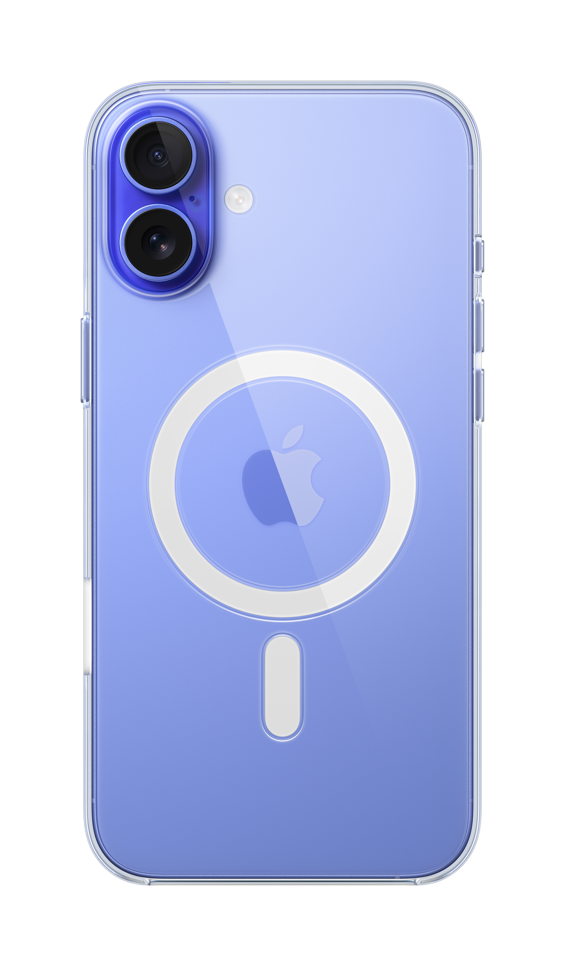 iPhone viola in custodia trasparente con fotocamere e logo Apple.