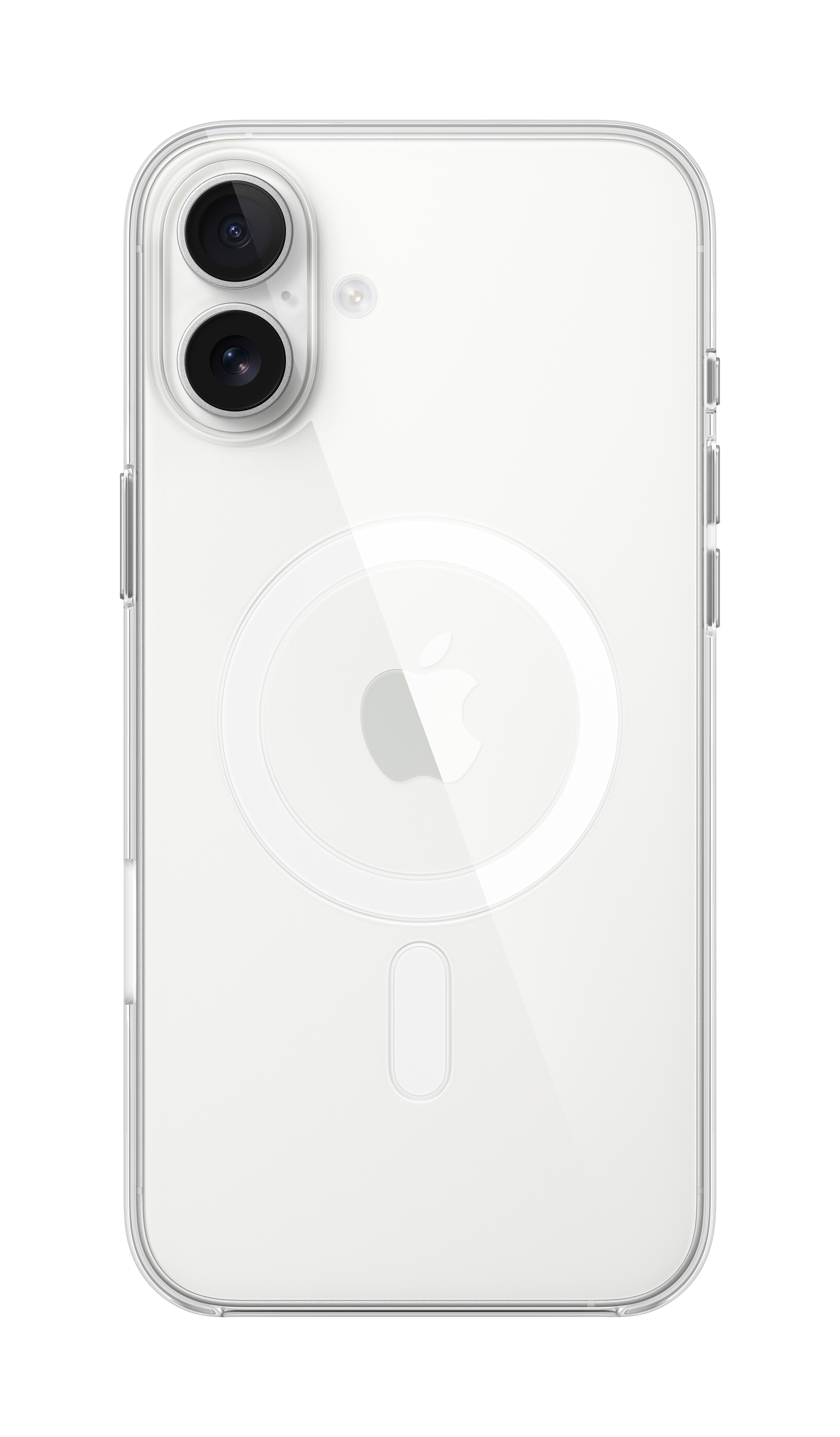Retro di un iPhone bianco con due fotocamere e logo Apple in custodia trasparente.