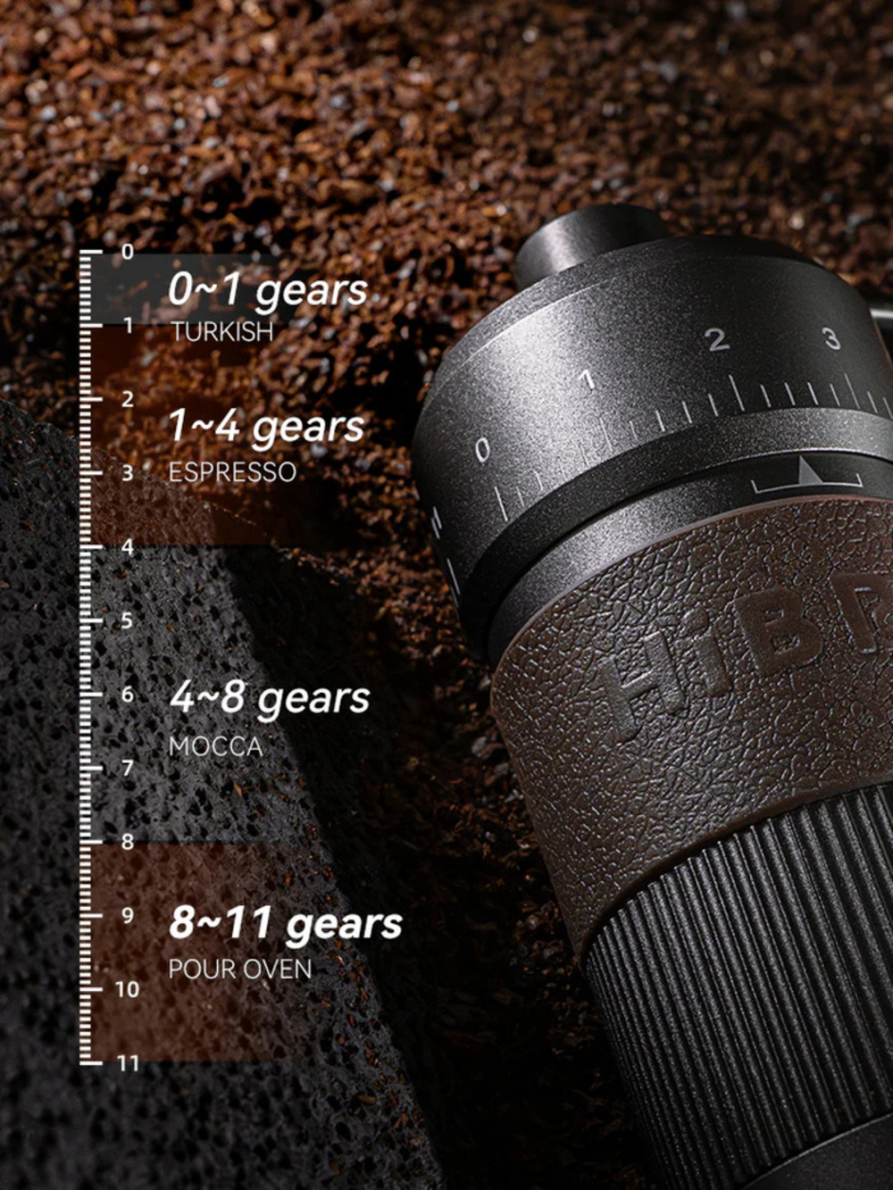 Kaffeemühle mit Einstellskala: 0-1 Türkisch, 1-4 Espresso, 4-8 Mokka, 8-11 Pour Over.