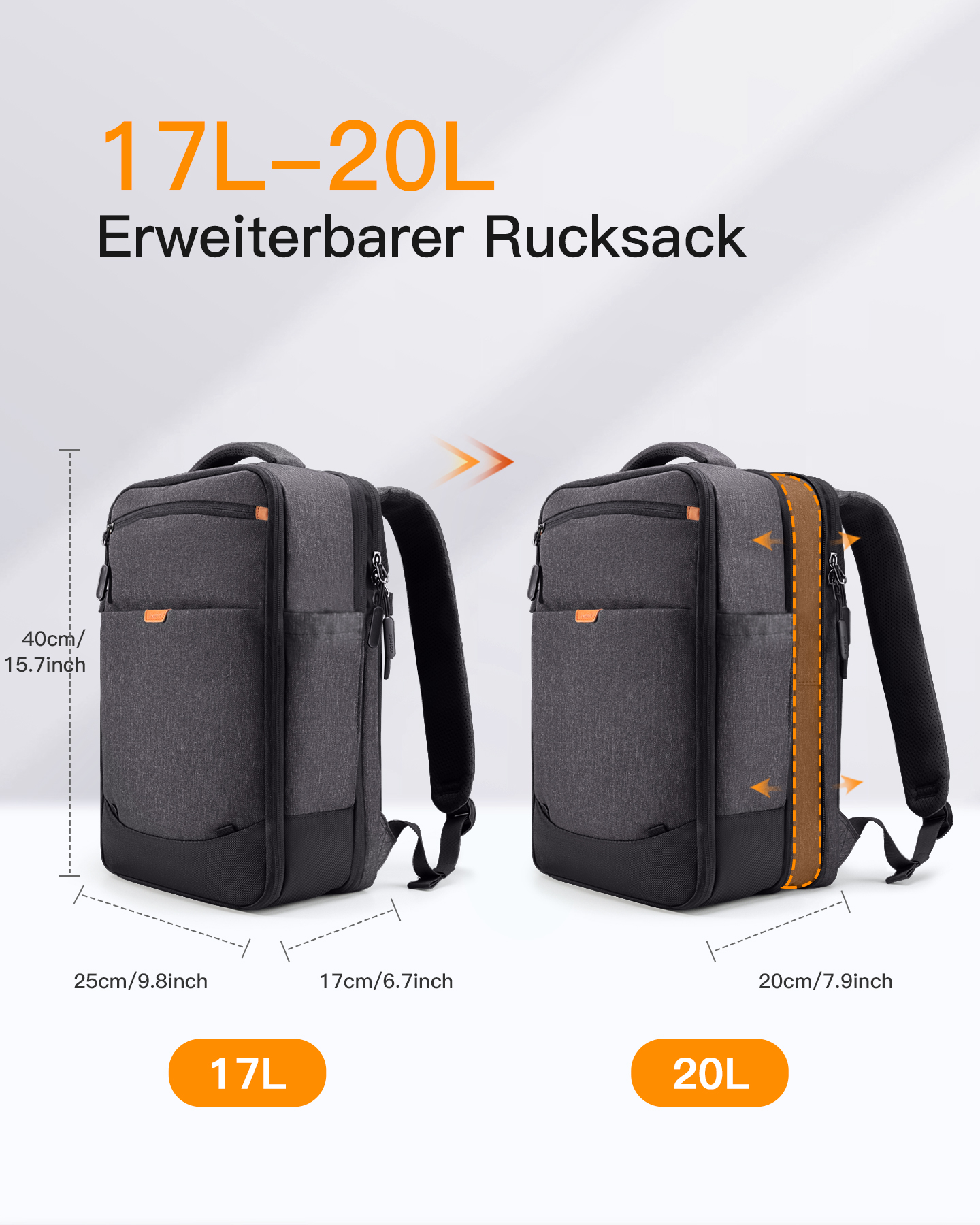 Grauer Rucksack in 17L und erweiterbarer 20L Version mit Maßen.