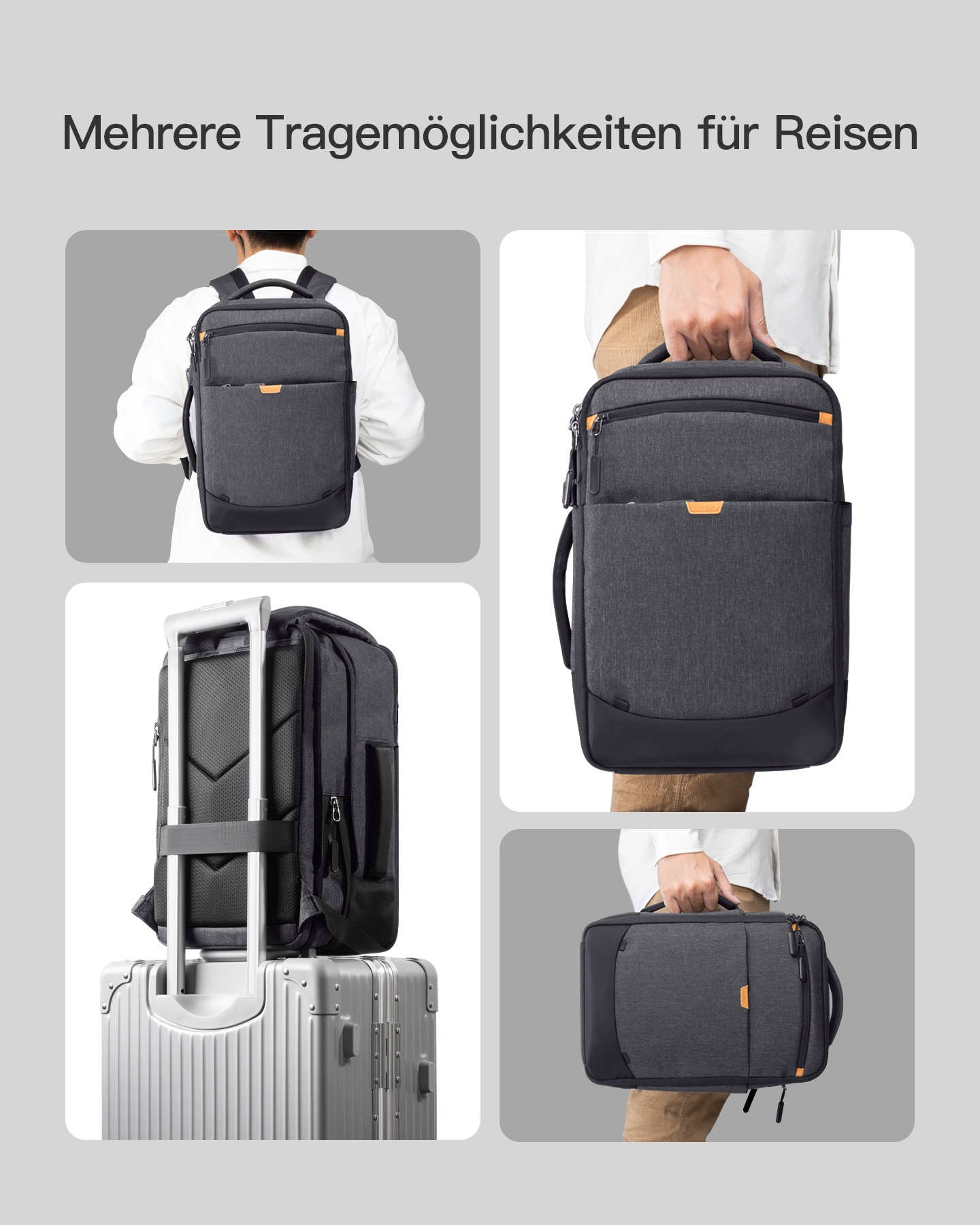 Grauer Rucksack und Koffer: Tragemöglichkeiten für Reisen.