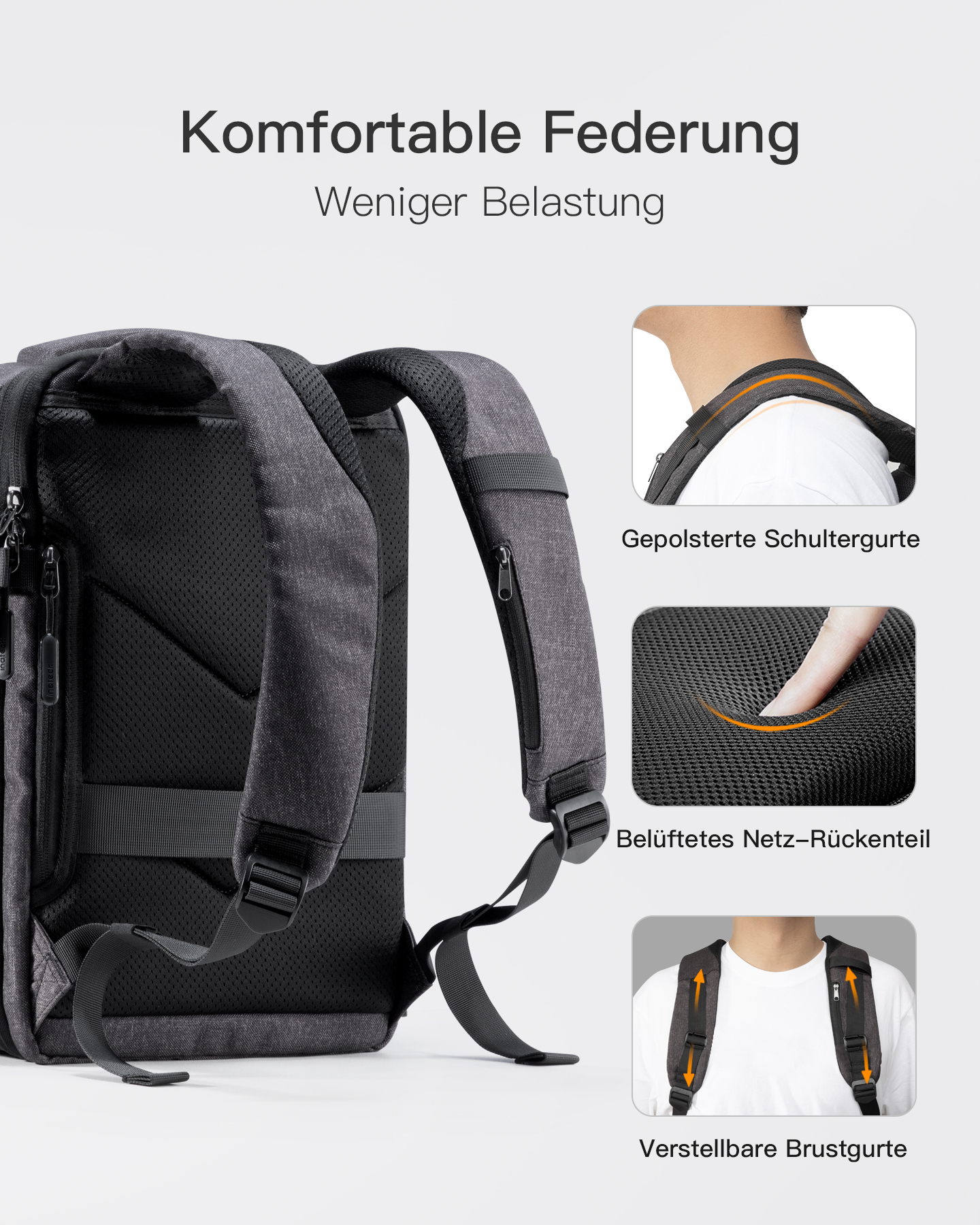 Grauer Rucksack mit gepolsterten Gurten und Netzrücken.
