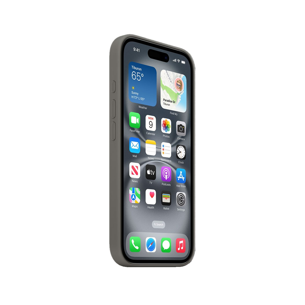 iPhone grigio con app aperte. Il meteo mostra 65 gradi.