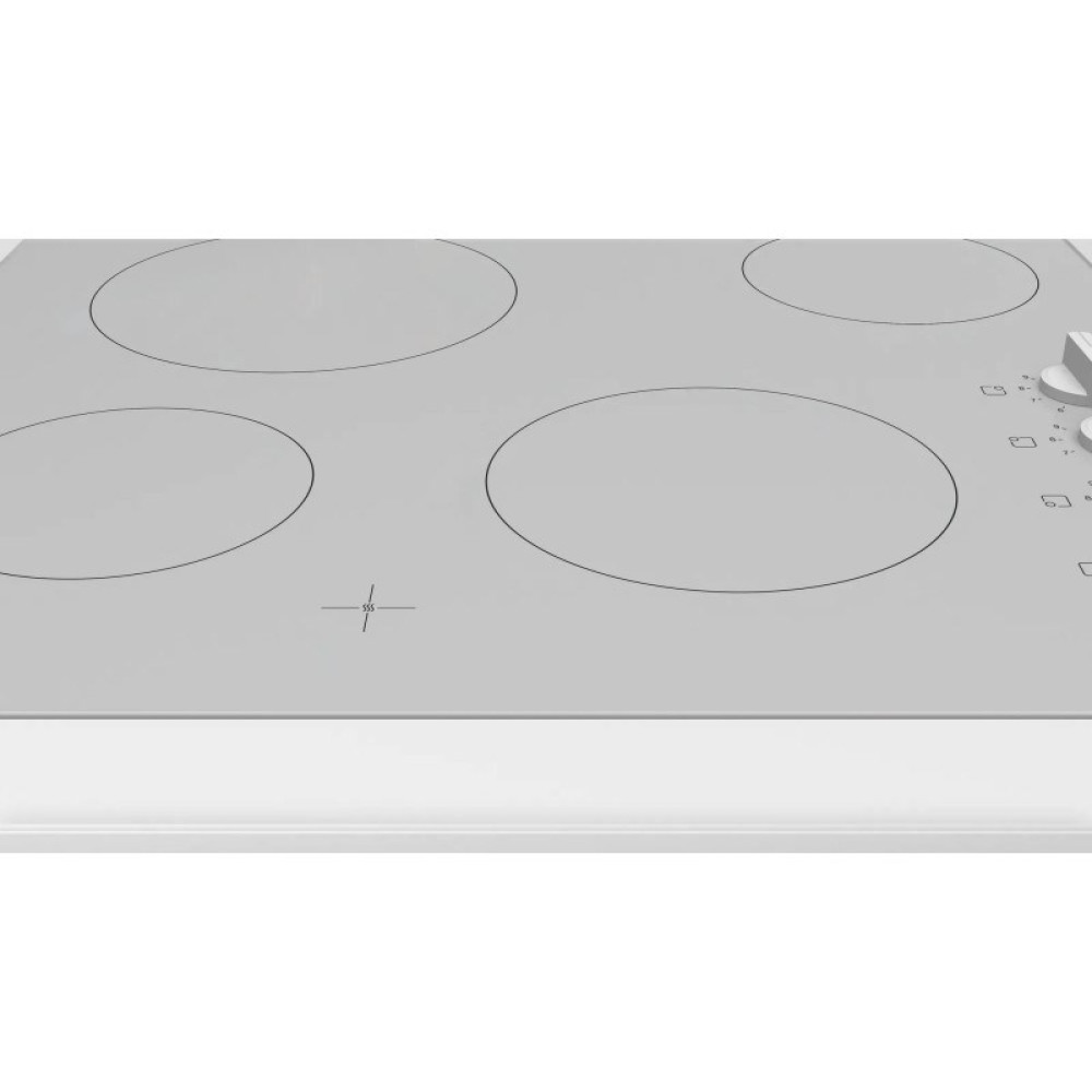 Biała płyta ceramiczna z czterema strefami gotowania i elementami sterującymi po prawej.