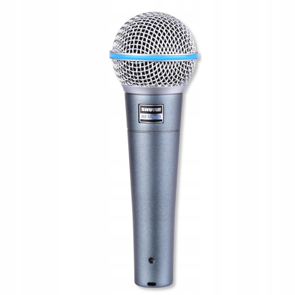 Szary mikrofon Shure Beta 87A z srebrną siatką i niebieskim pierścieniem.