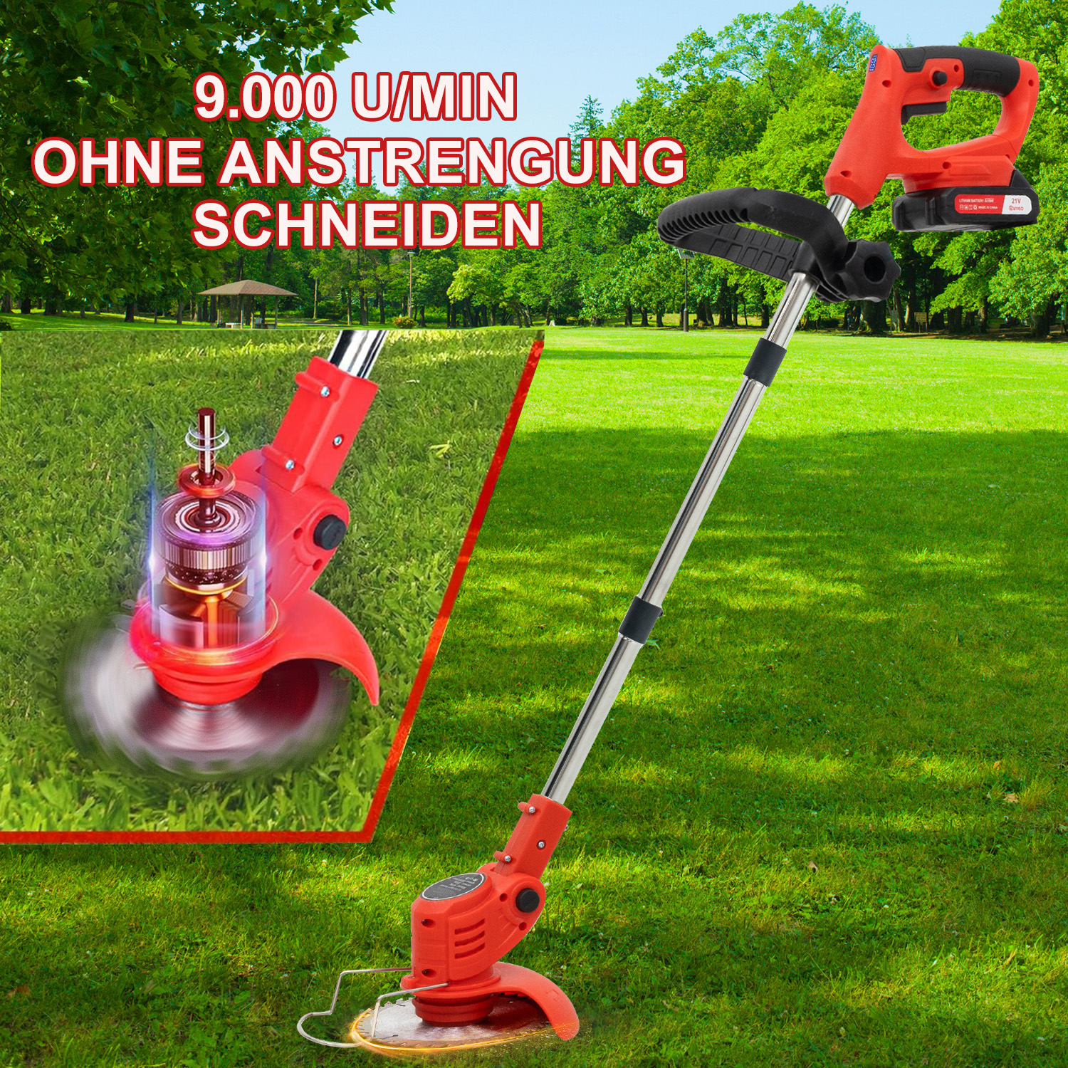 Ein roter Akku-Rasentrimmer mit silbernem Schaft steht auf grünem Gras.