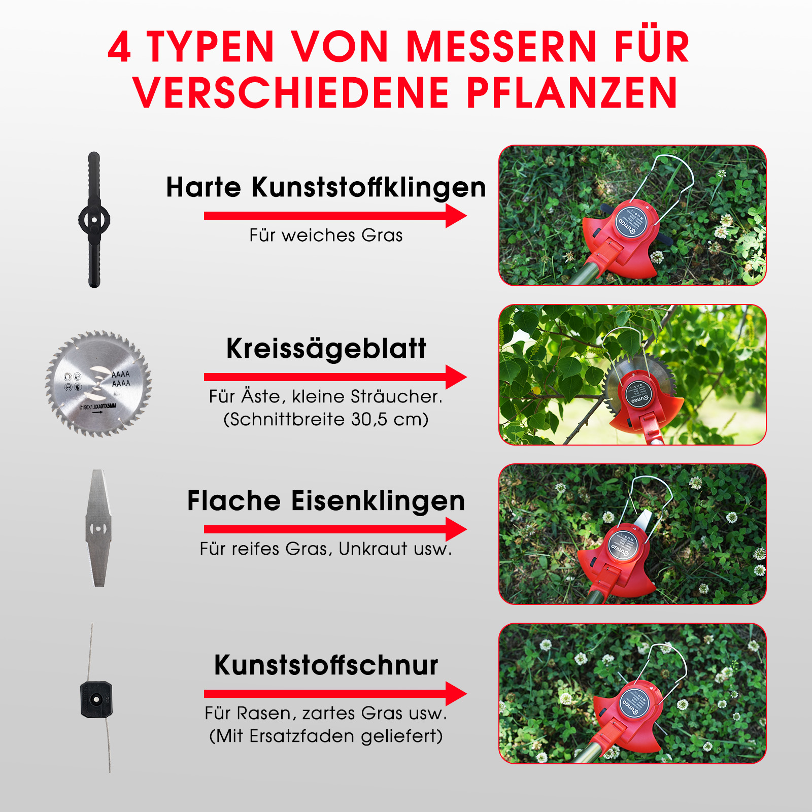 Vier Arten von Messern für verschiedene Pflanzen: Kunststoffklingen, Sägeblatt, Eisenklingen, Schnur.