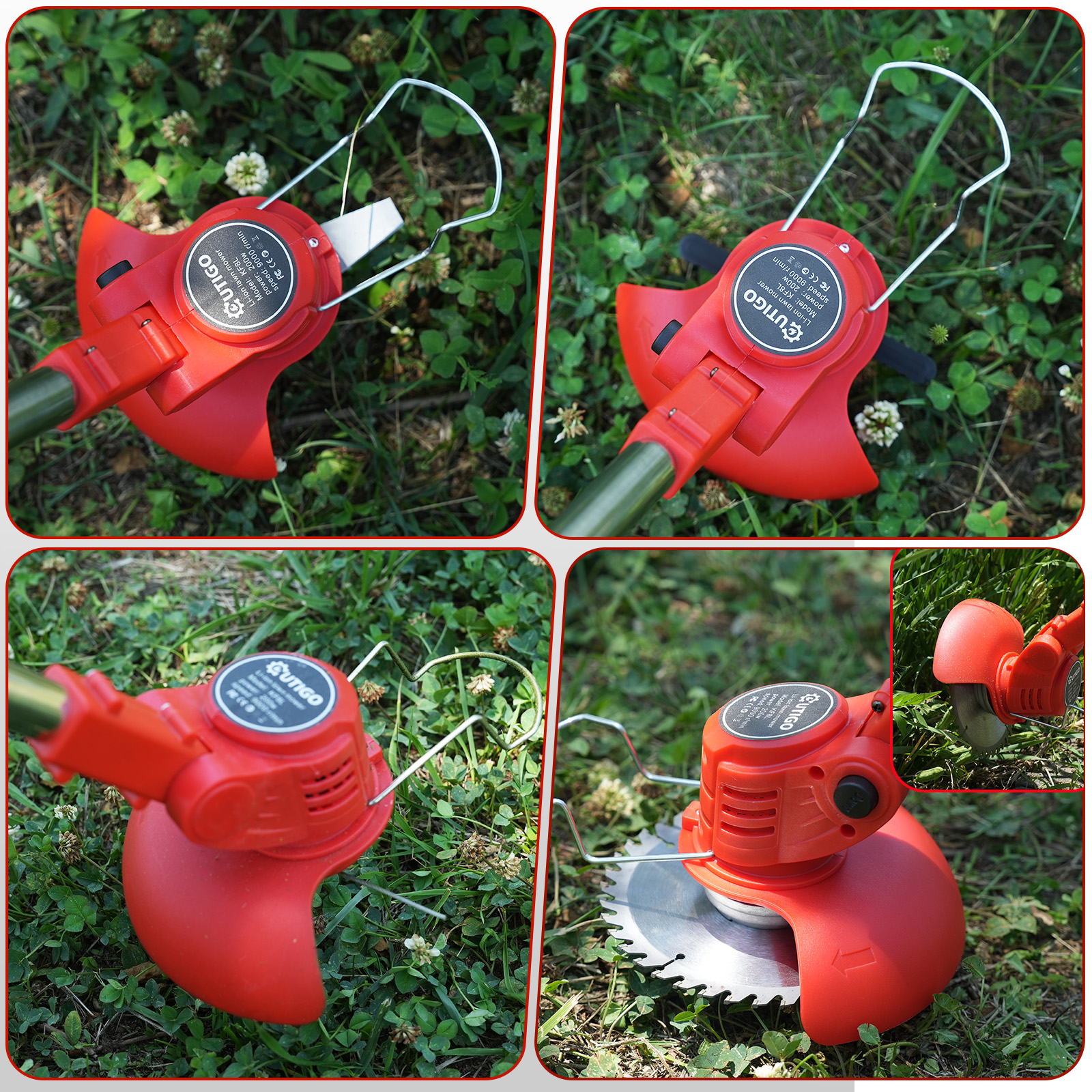 Czerwony akumulatorowy podkaszarka z ostrzem tnącym leży na trawie.