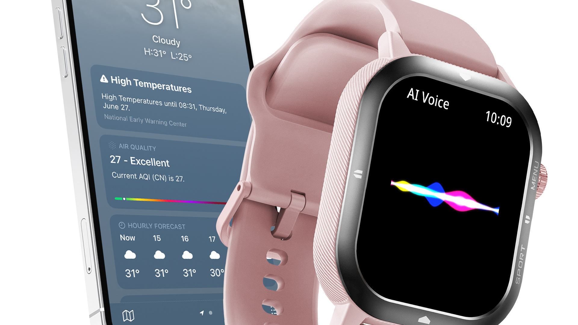 Różowy smartwatch i smartfon wyświetlają dane pogodowe i wizualizację głosu AI.