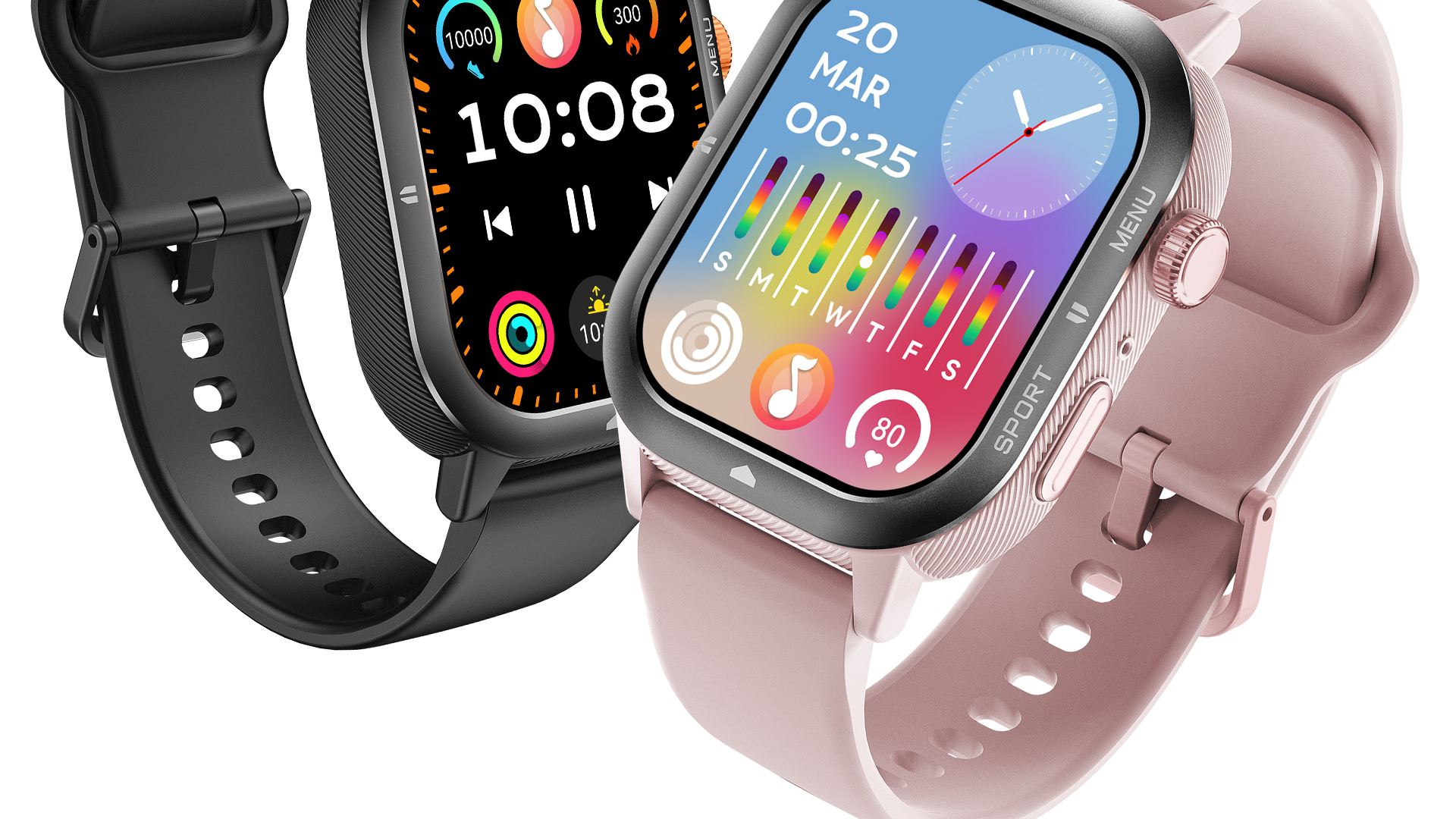 Dwa smartwatche, jeden czarny i jeden różowy, pokazane z bliska z wyświetlanymi danymi.