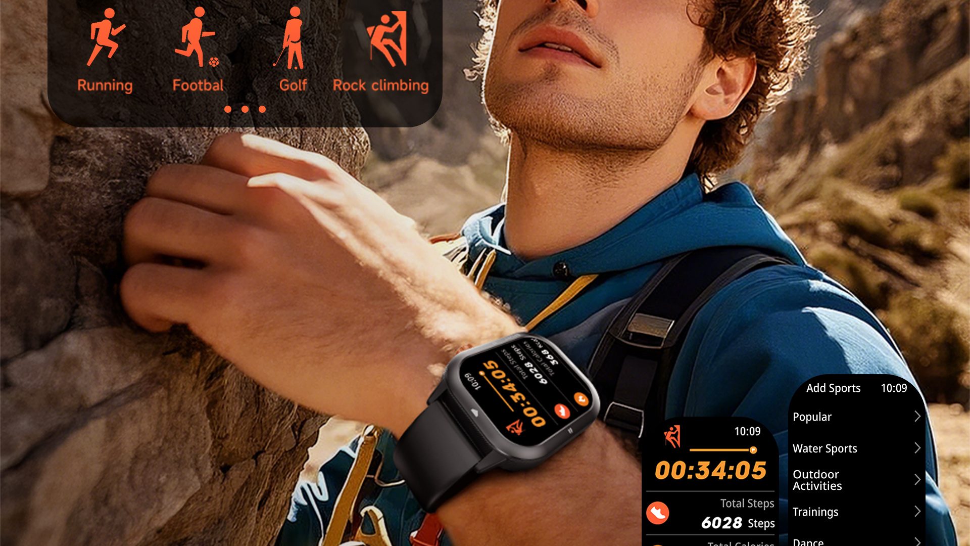 Mężczyzna wspina się po skale, jego smartwatch pokazuje sporty i kroki.