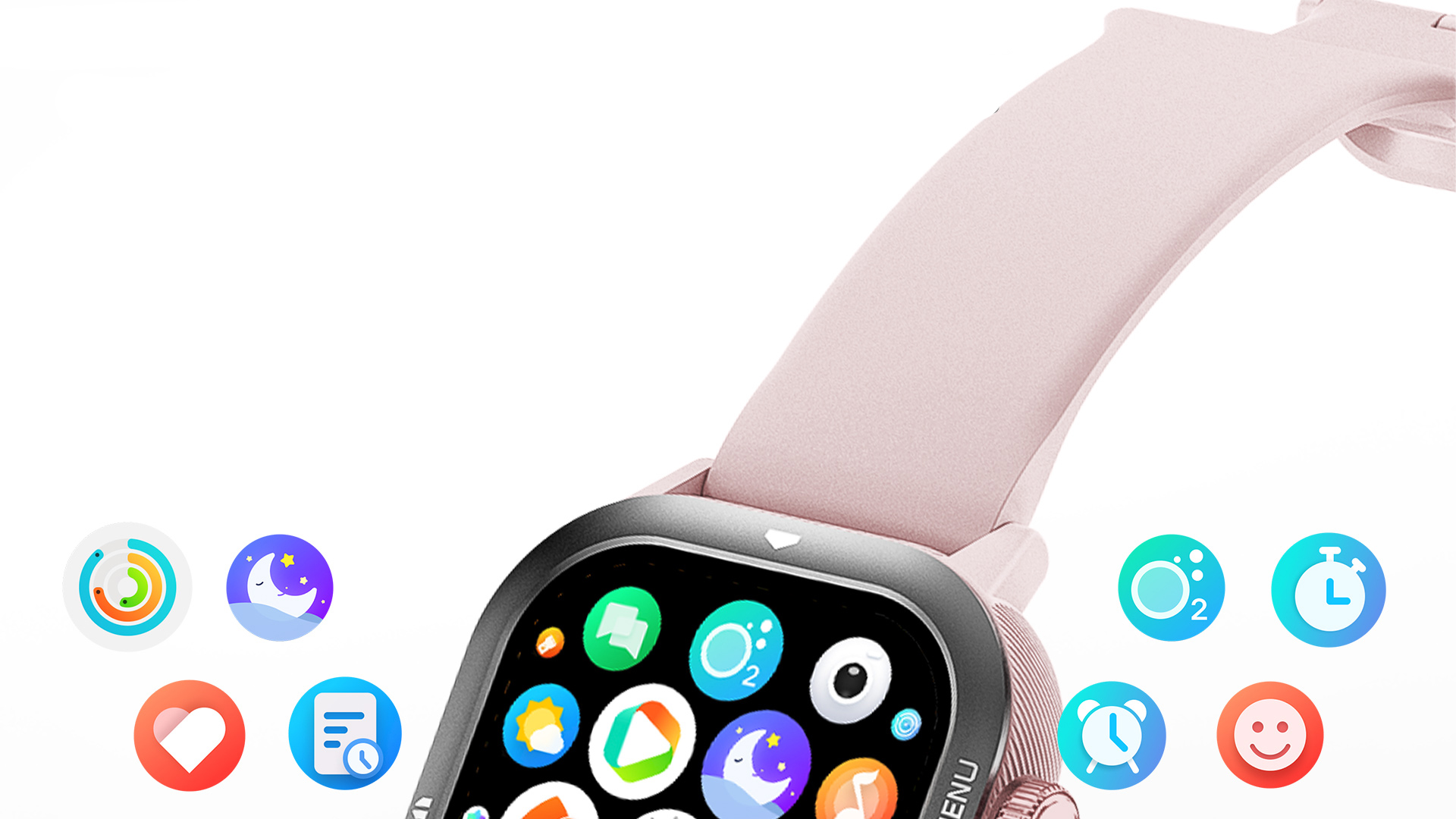 Różowy smartwatch z ikonami aplikacji: serce, sen, aktywność, tlen.