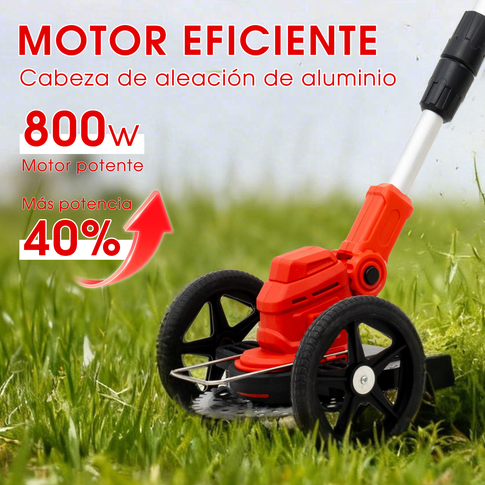 Un cortacésped rojo con ruedas en el césped. Potencia 800W.