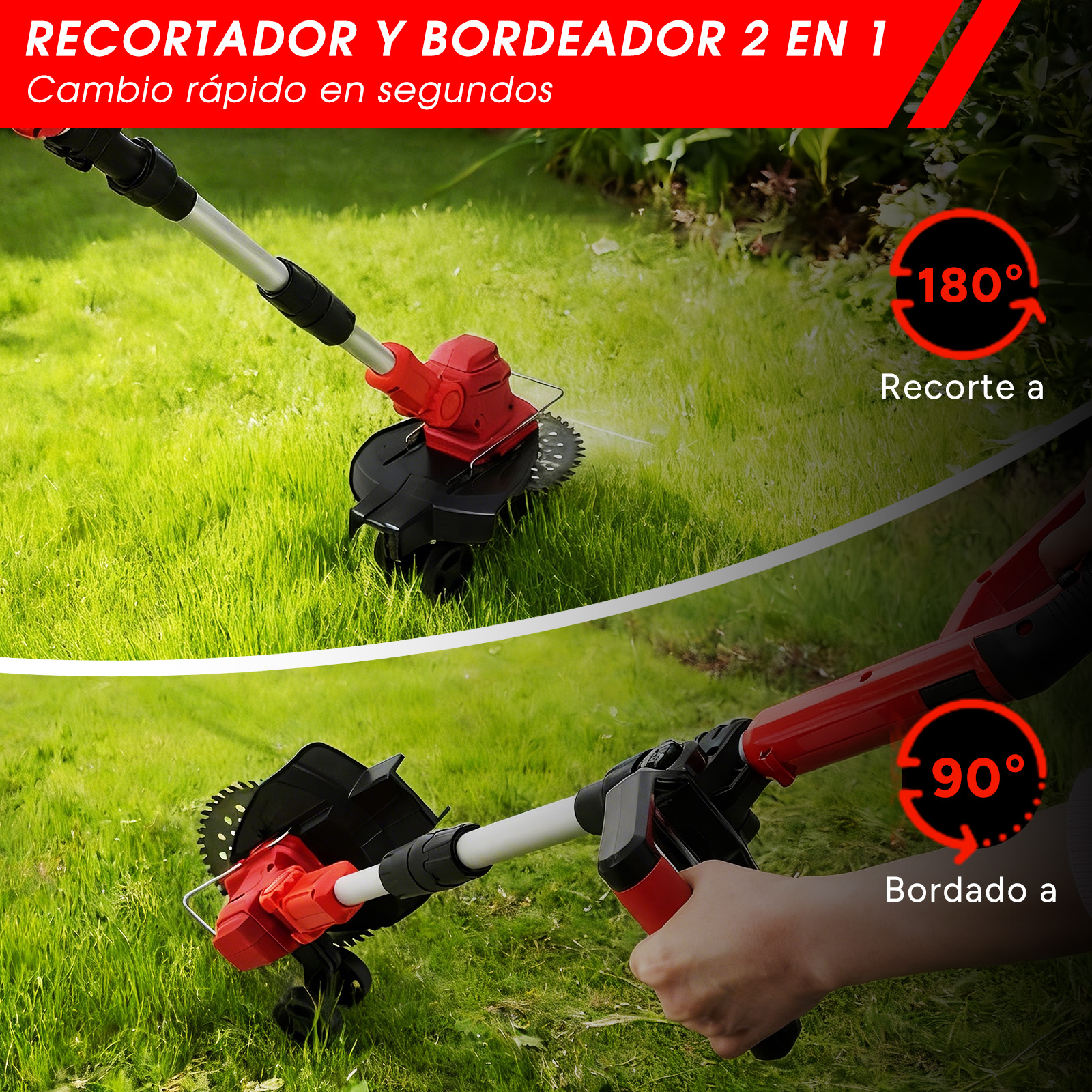 Un recortador de césped rojo y negro en dos modos: 180° y 90°.