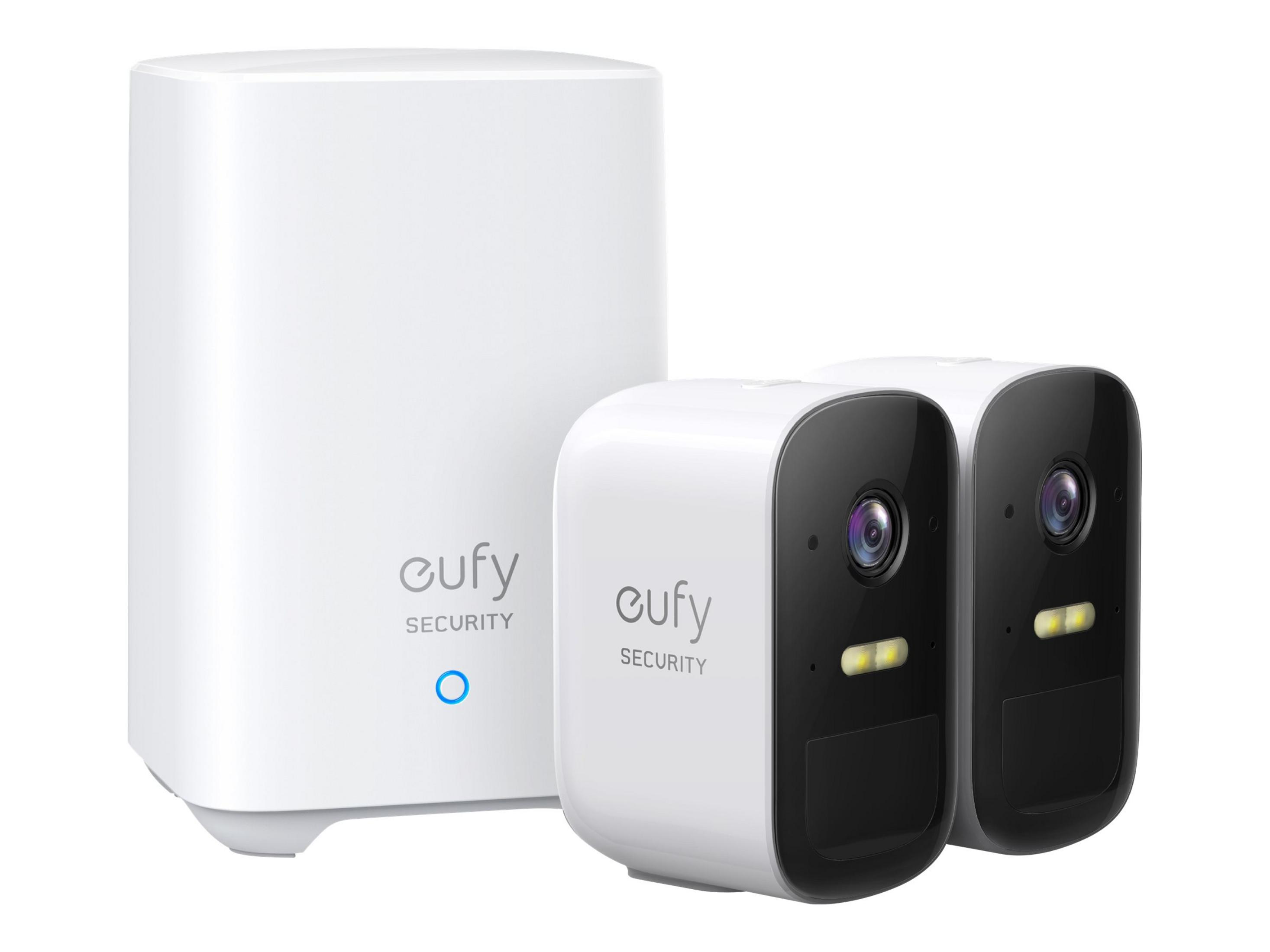 Due telecamere di sicurezza Eufy bianche con frontali e luci nere.