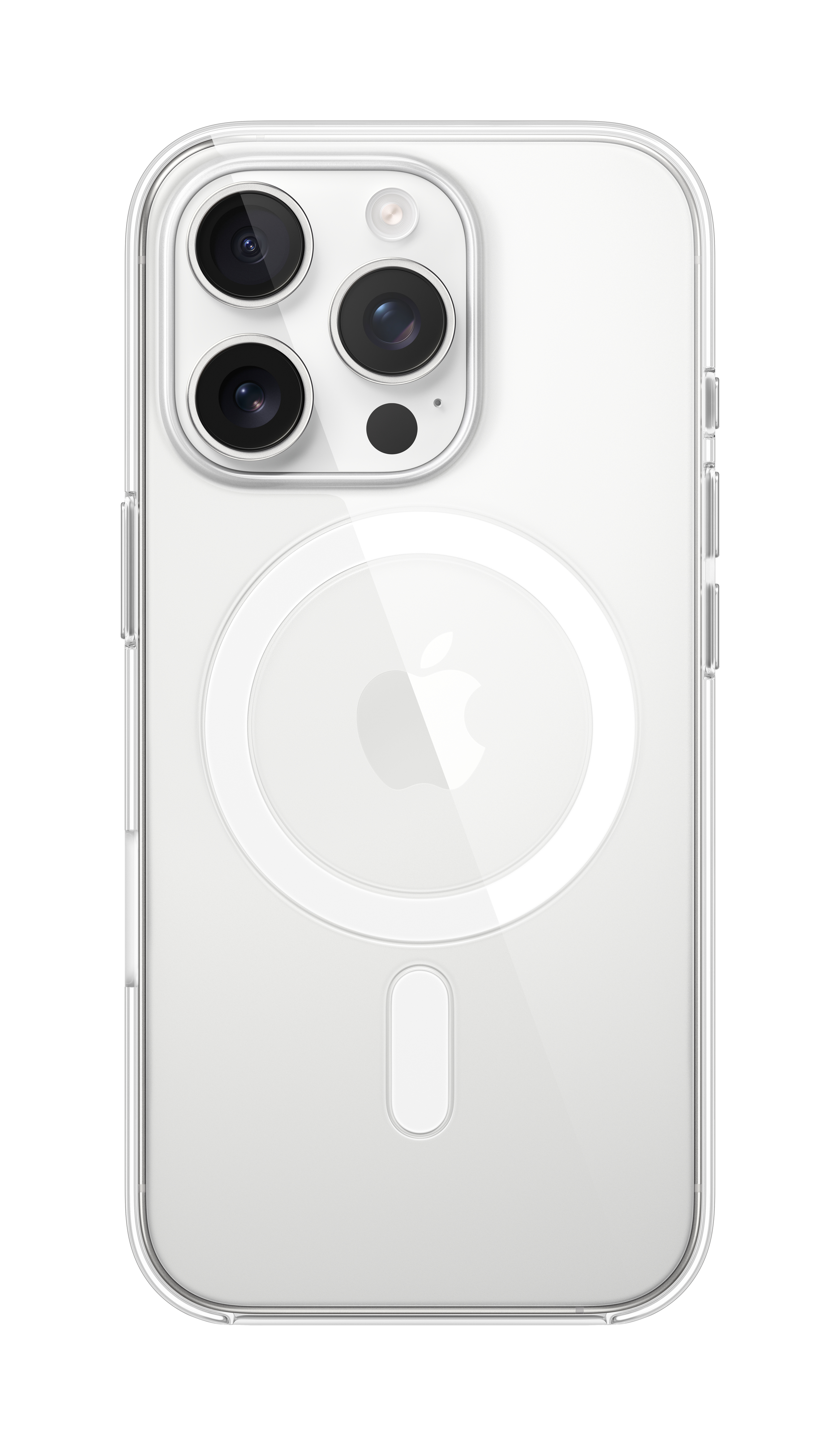 Una funda transparente para teléfono con cámaras y logo de Apple.