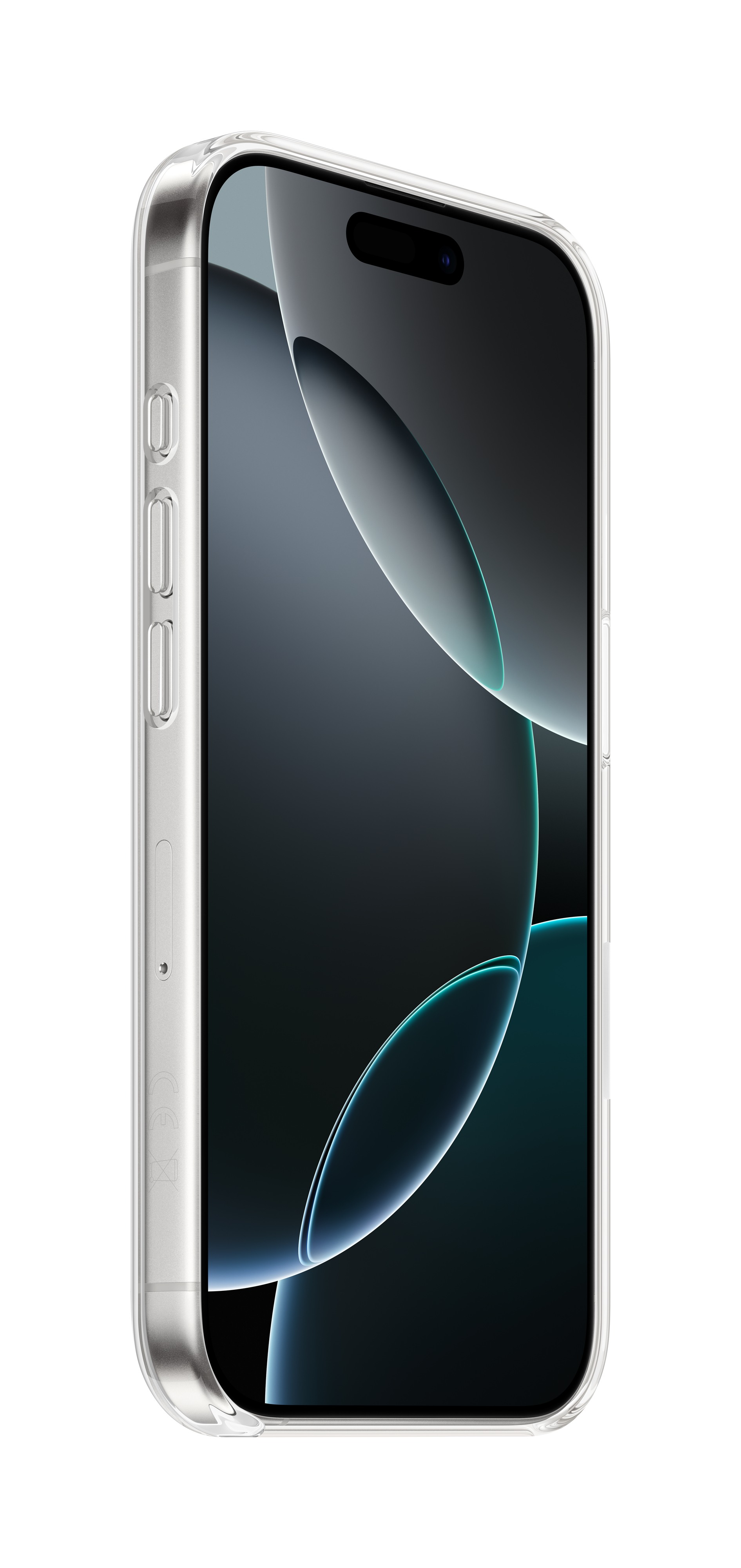 Maqueta de funda de teléfono transparente sobre fondo blanco, mostrando botones laterales y pantalla.