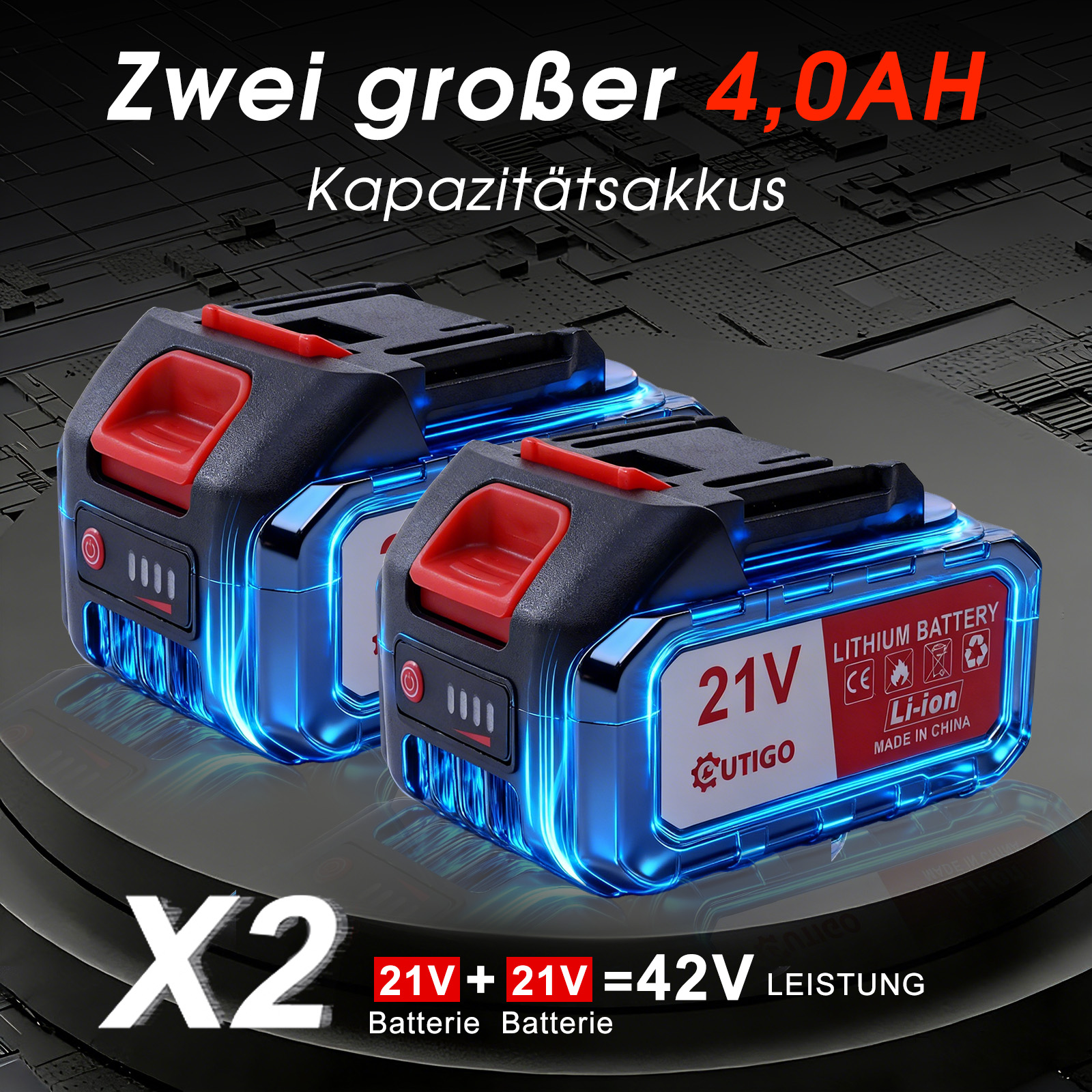 Zwei 21V 4.0AH Lithium-Ionen-Akkus mit blauer LED-Beleuchtung.
