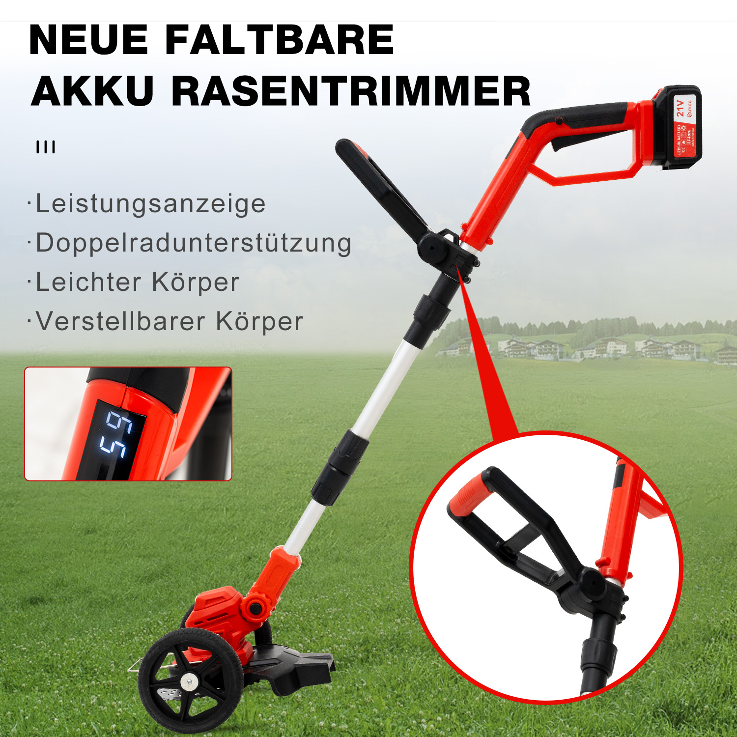 Ein roter und schwarzer Akku-Rasentrimmer mit Rädern und digitaler Anzeige.