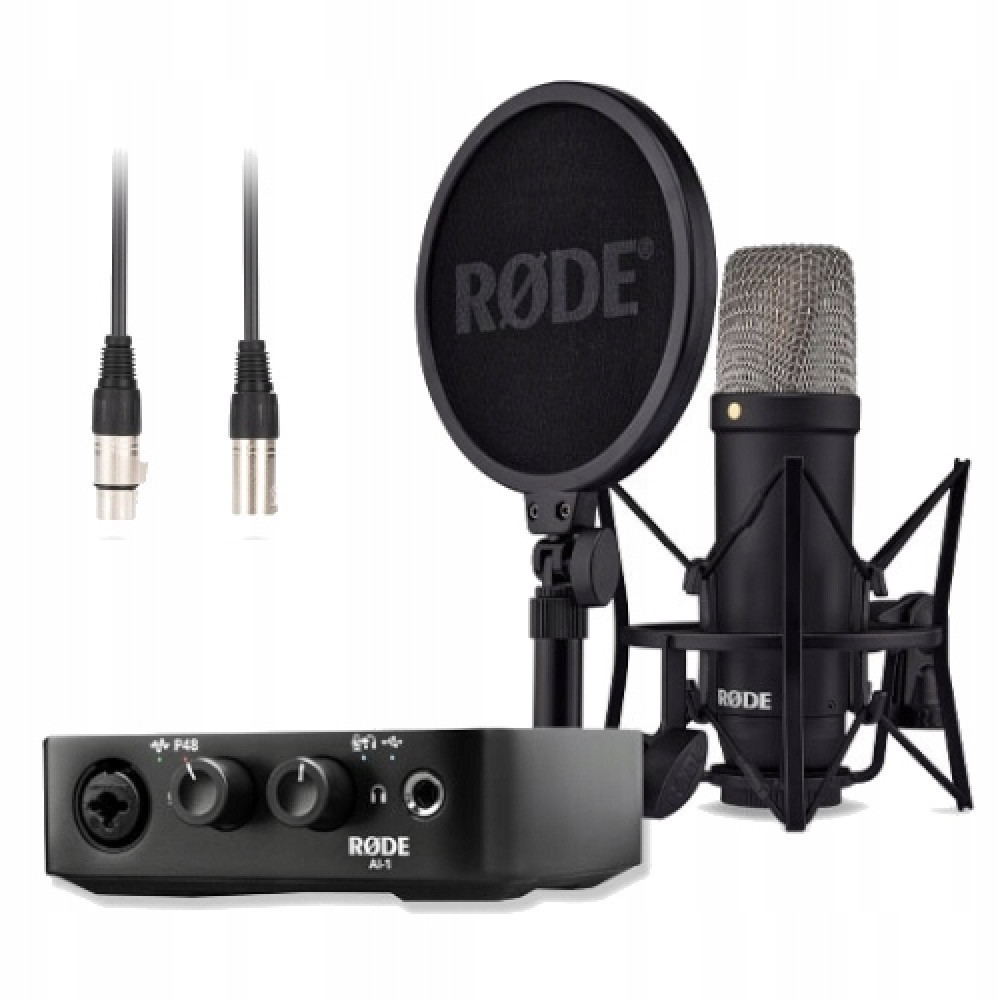 Mikrofon Rode, uchwyt amortyzujący, pop filtr i interfejs audio.