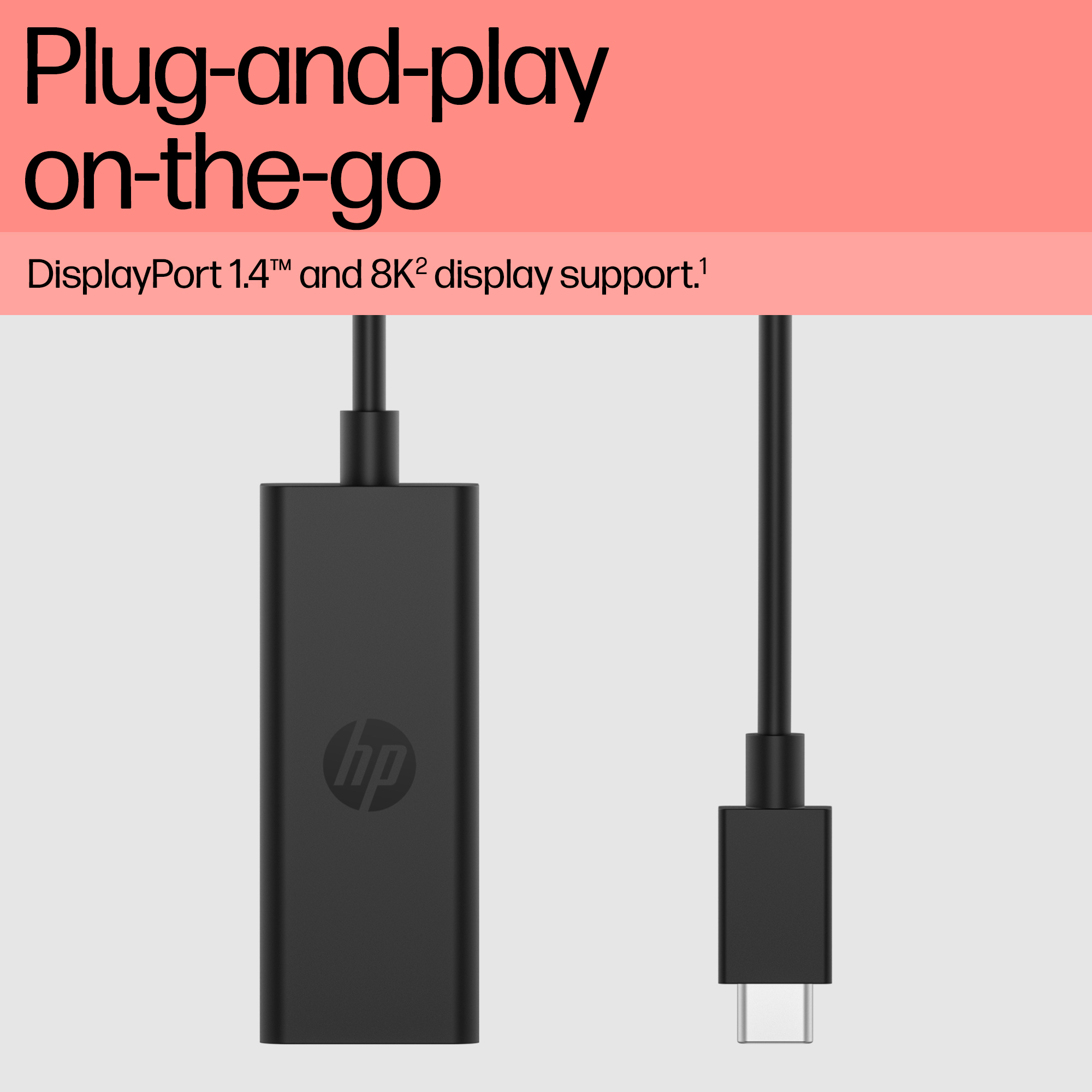 Ein schwarzer HP Adapter mit USB-C-Anschluss und DisplayPort-Kabel.