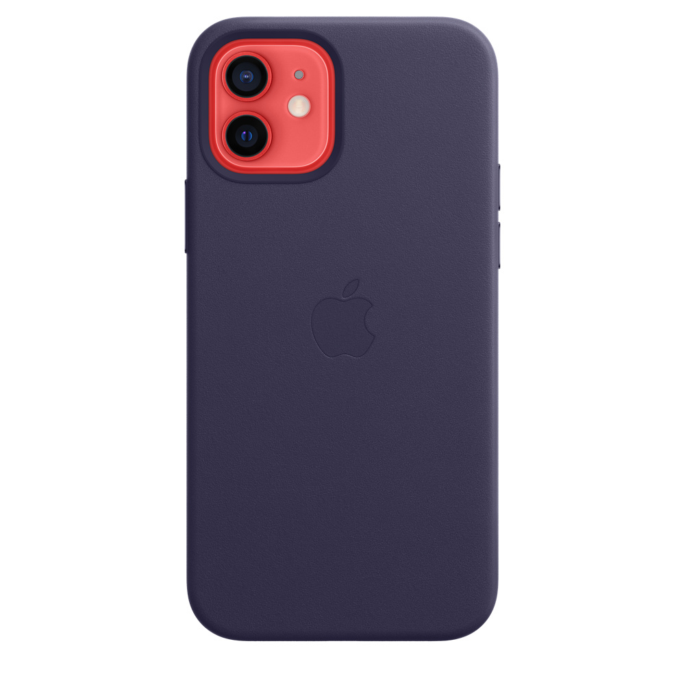 A dark blue iPhone with a red camera housing and Apple logo.