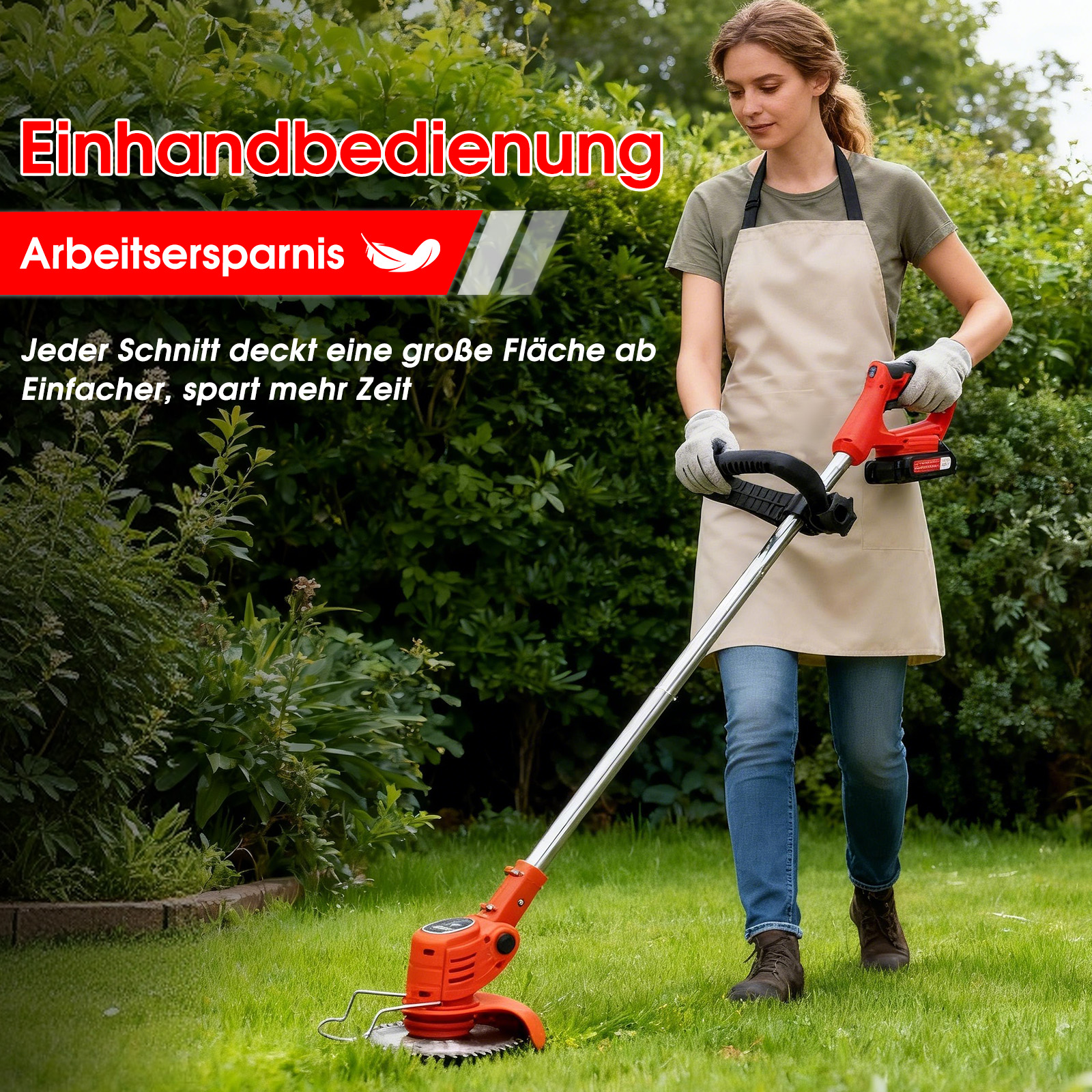 Frau mit Rasentrimmer im Garten