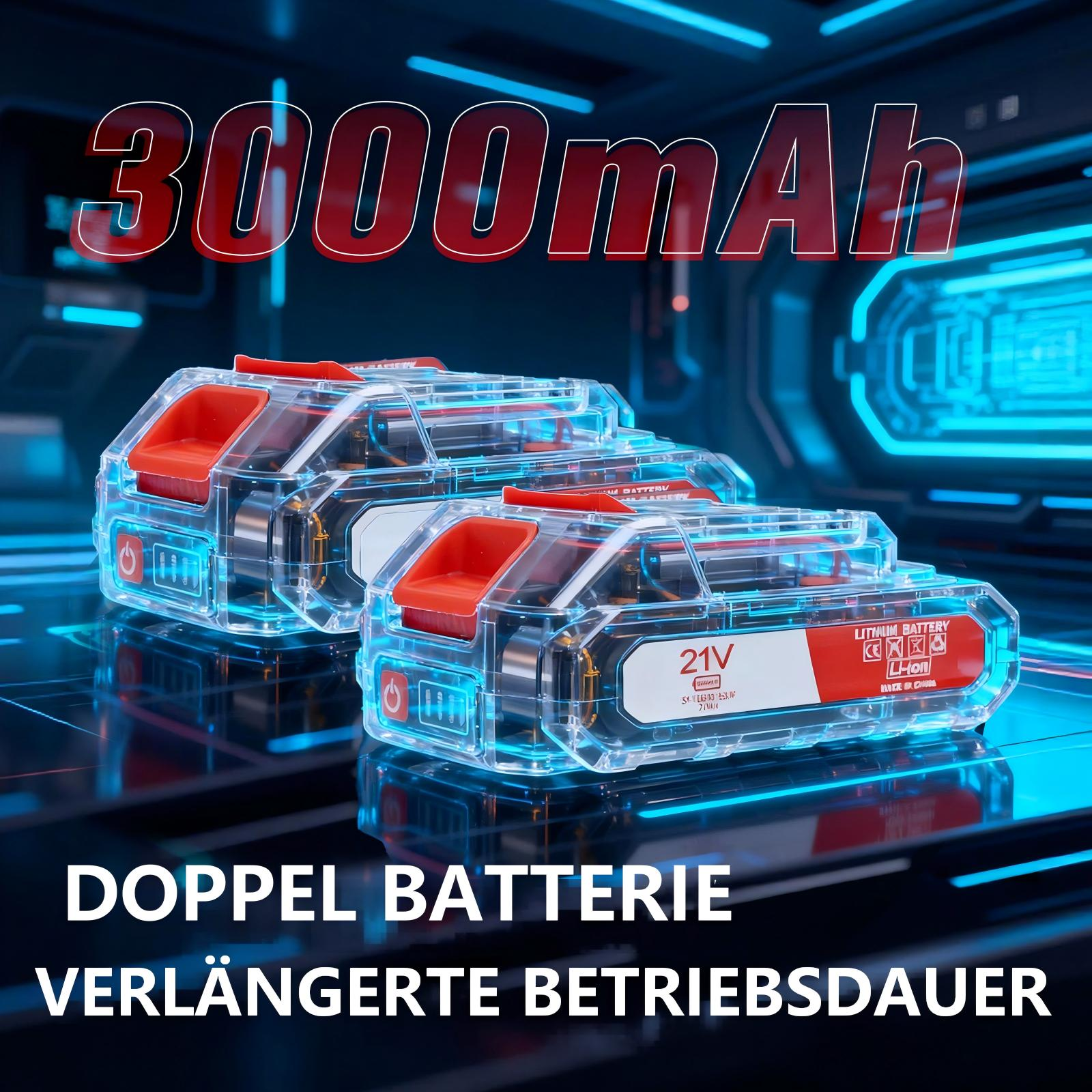 Zwei transparente Batterien mit rotem Griff und blauen Leuchten.