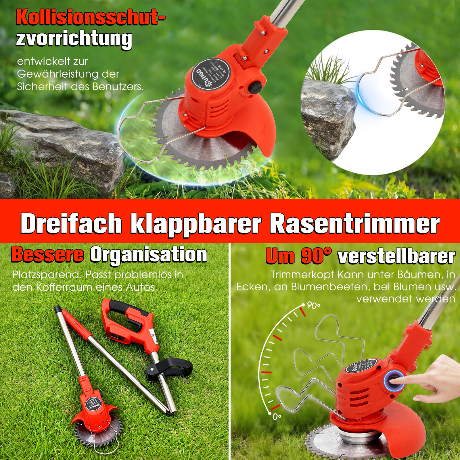 Roter Rasentrimmer mit Klingen, zerlegbar und verstellbar, für Gartenpflege.