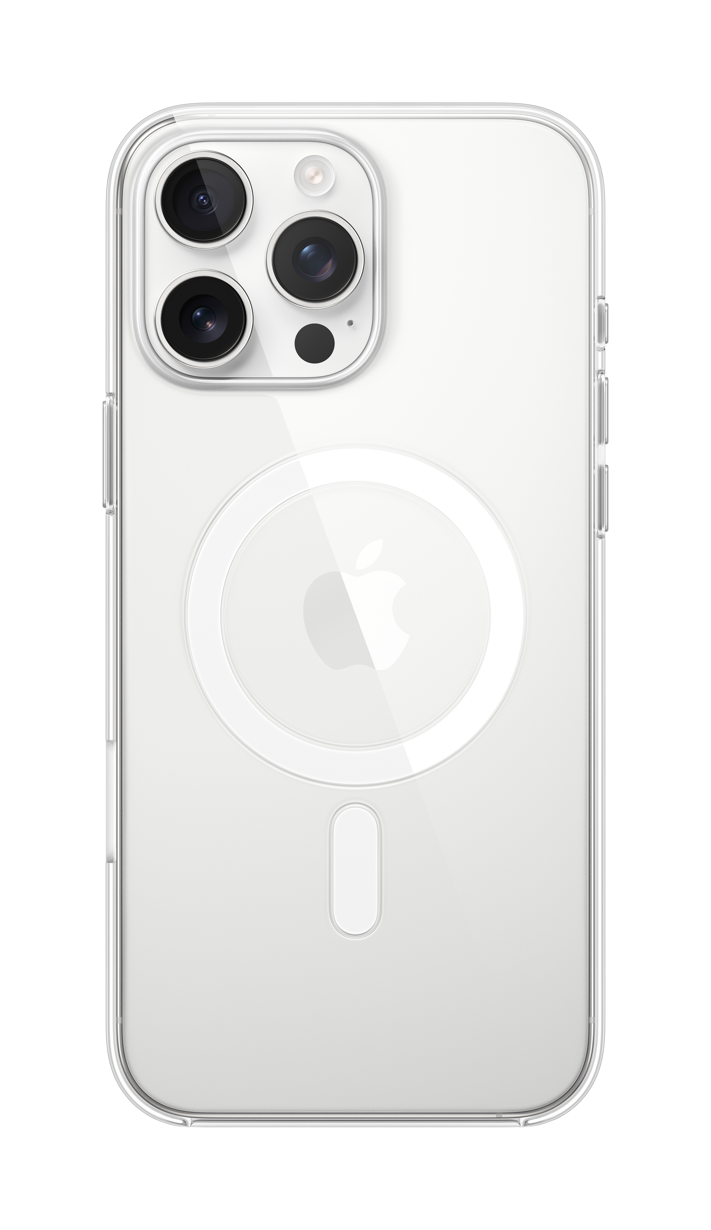 Funda de teléfono transparente con tres lentes de cámara y logo de Apple.