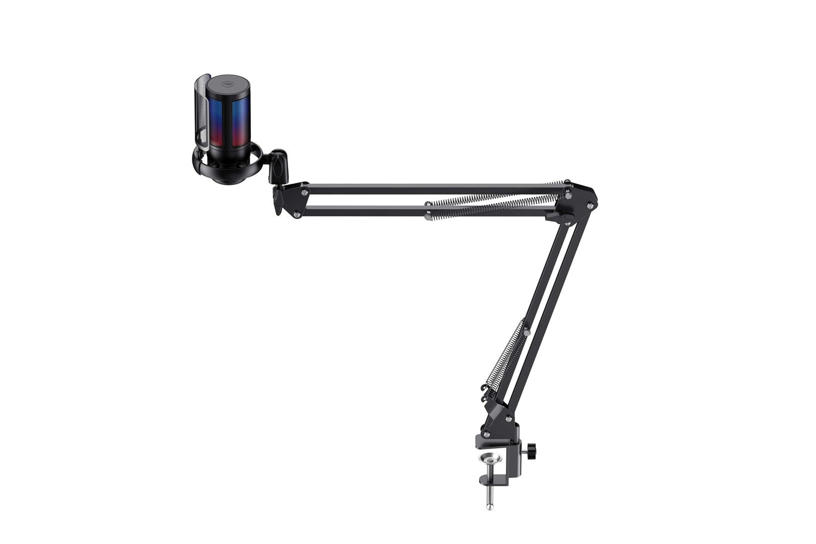 Czarny wysięgnik mikrofonowy z kapsułą mikrofonu RGB, przymocowany do zacisku biurkowego.