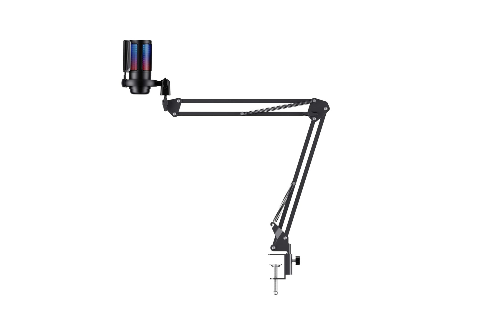 Czarny wysięgnik mikrofonowy z zaciskiem i podświetlanym mikrofonem na białym tle.