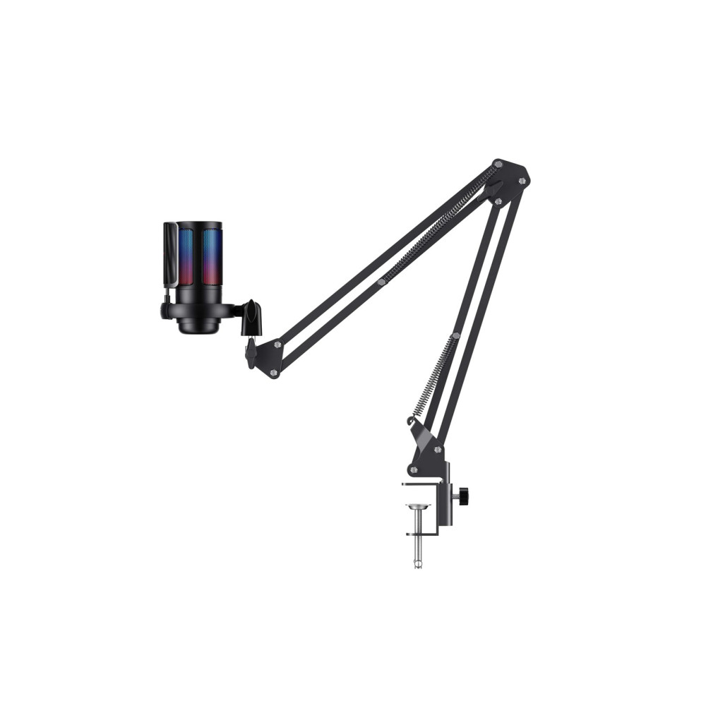 Czarny statyw mikrofonowy z podstawą zaciskową i mikrofonem z kolorowymi światłami.