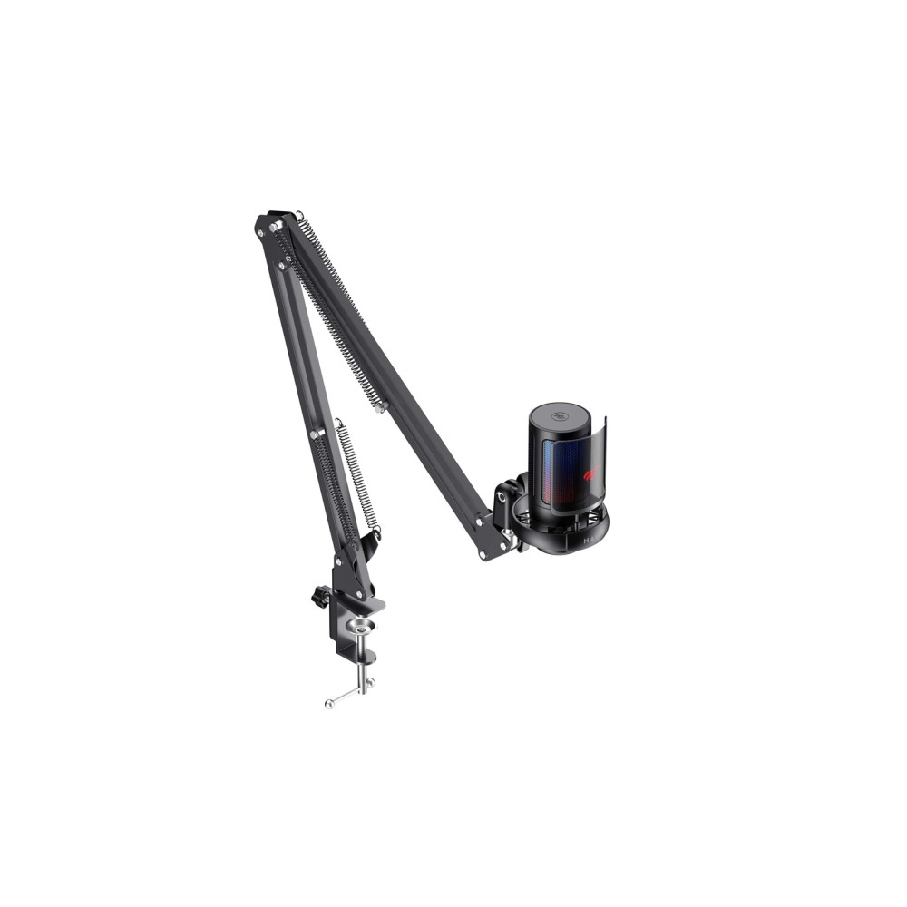 Czarny wysięgnik mikrofonowy z zaciskiem i mikrofonem z kolorowym podświetleniem.