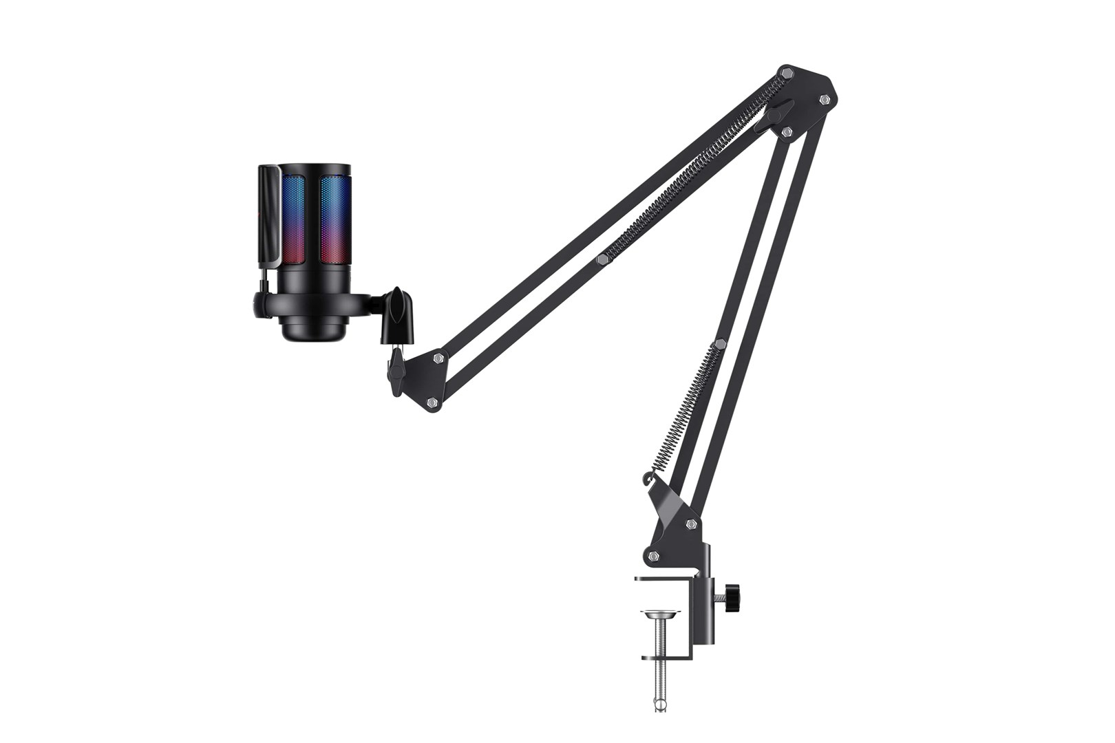 Czarny mikrofon z kolorowymi światłami na statywie z ramieniem przegubowym.