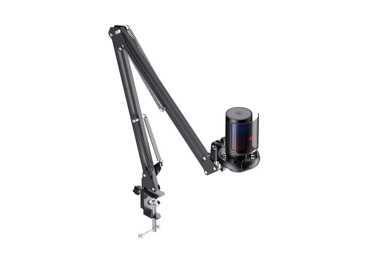 Czarny mikrofon z ramieniem przegubowym i zaciskiem stołowym na białym tle.