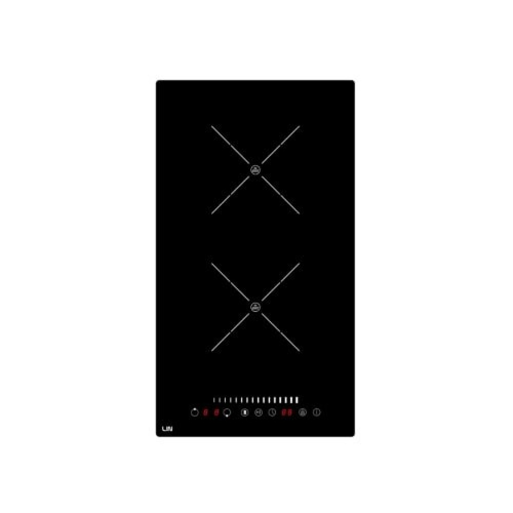 Czarna płyta indukcyjna z dwoma strefami gotowania i panelem dotykowym.