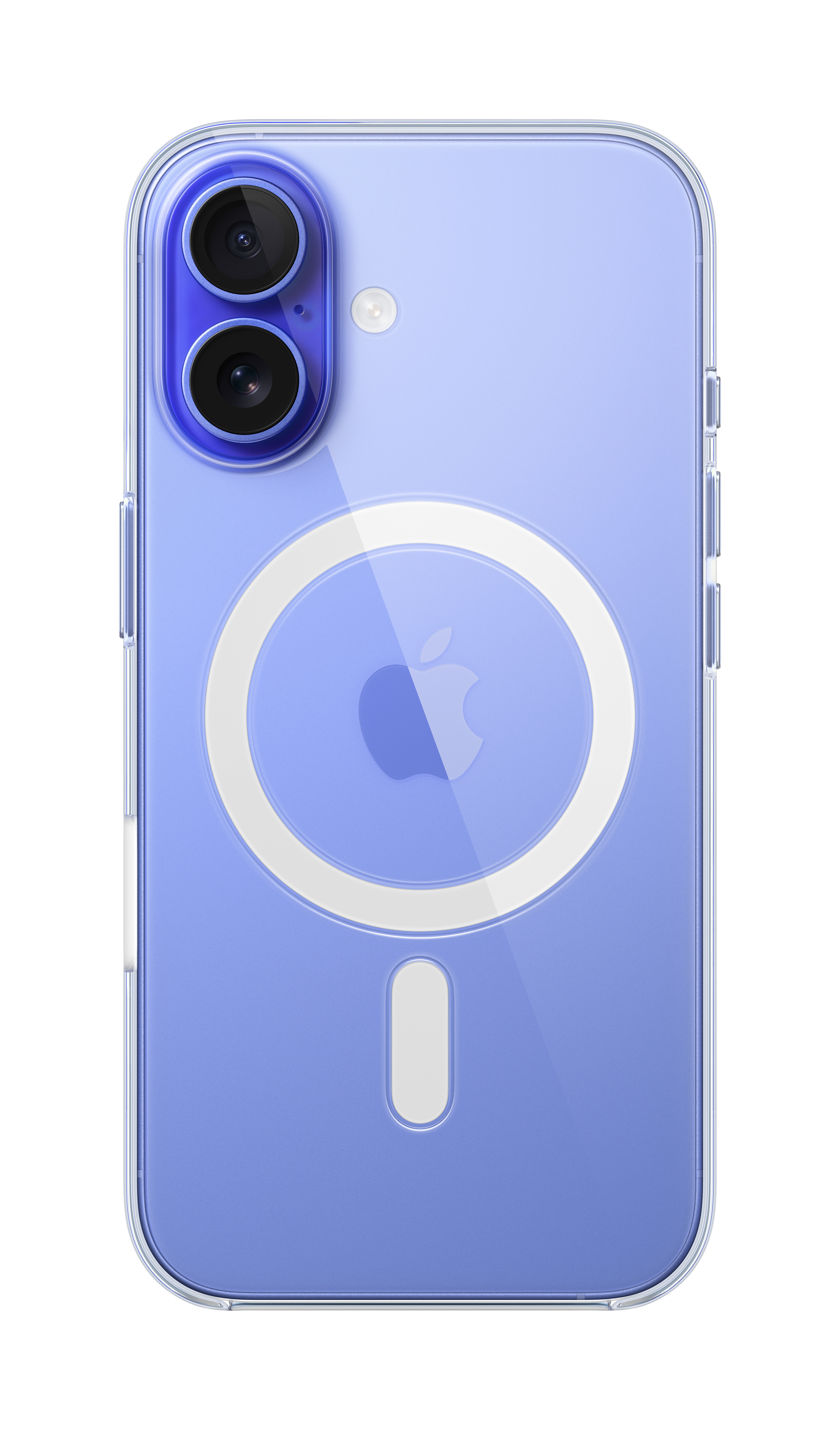 Custodia trasparente per smartphone lavanda con due fotocamere e logo Apple.