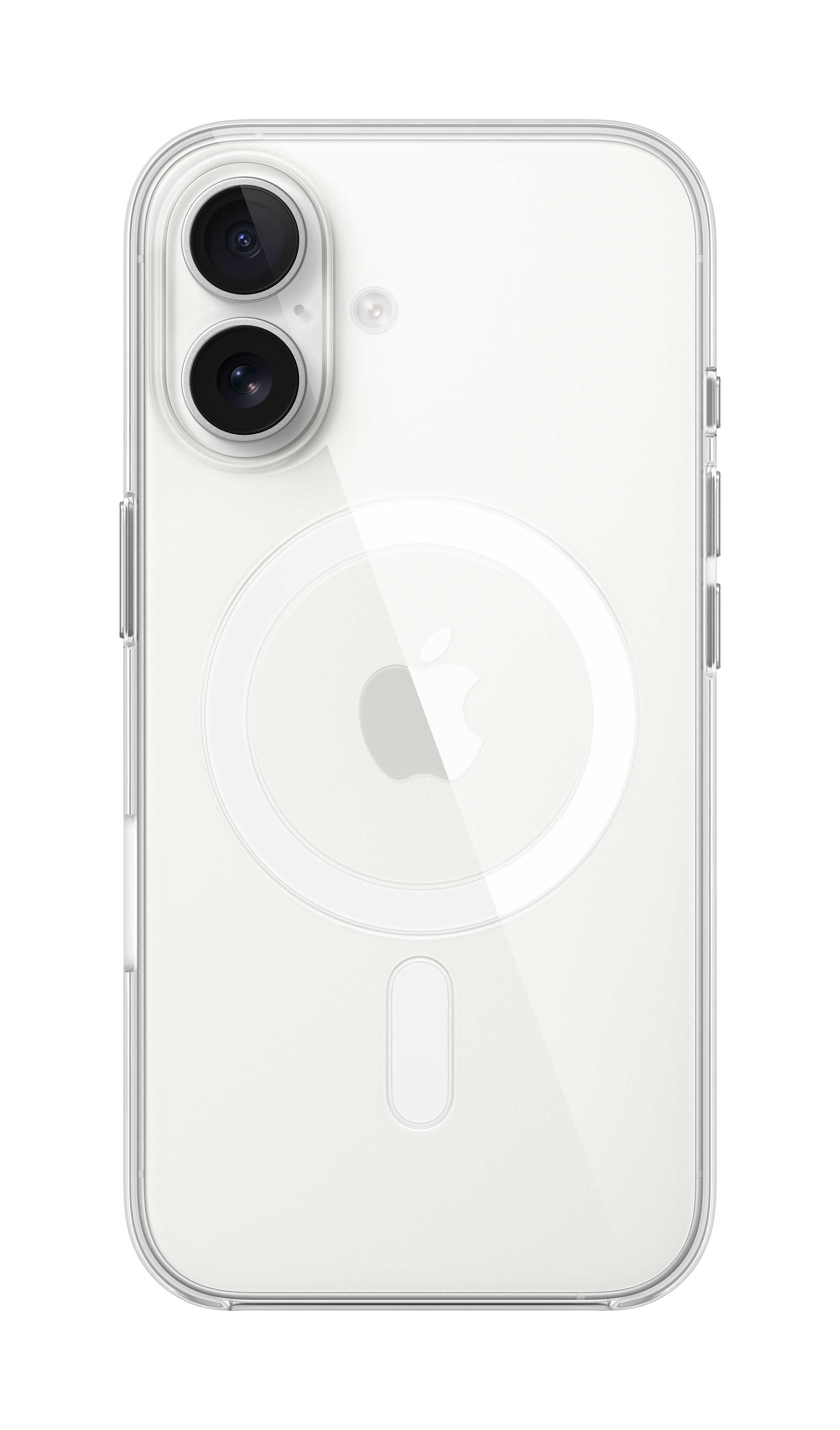 Retro di un iPhone bianco con due fotocamere, logo Apple e anello MagSafe.