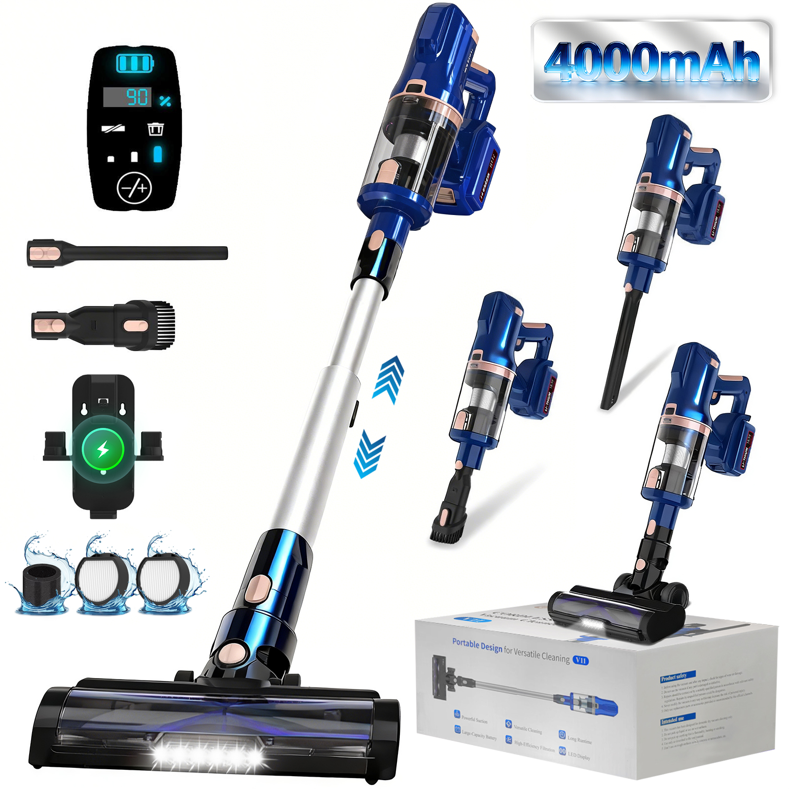 Aspirapolvere senza fili blu con accessori e display batteria.