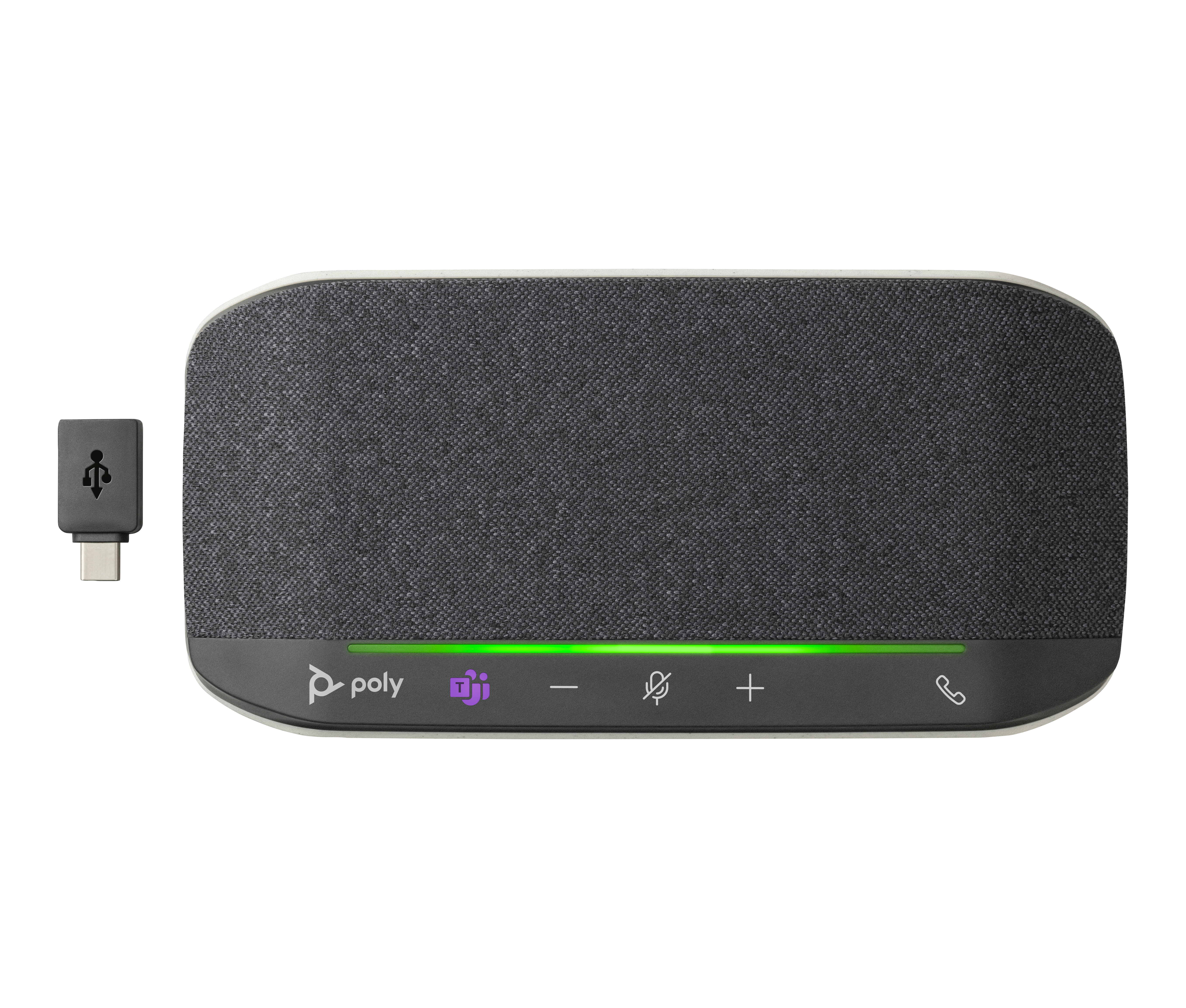Adattatore Poly USB-C nero accanto a un altoparlante grigio con controlli touch.