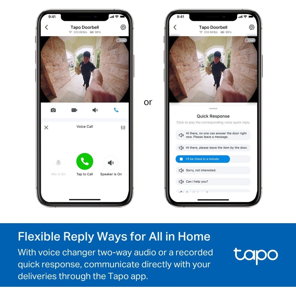 Dos pantallas de smartphone muestran la app Tapo con un visitante y opciones.