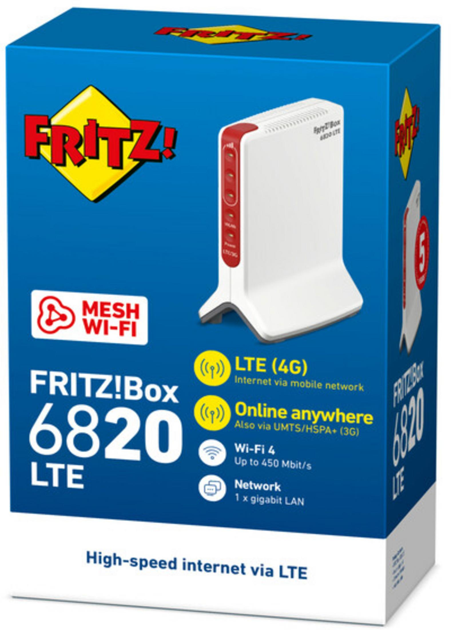 Router FRITZ!Box 6820 LTE na niebieskim pudełku z logo FRITZ!.
