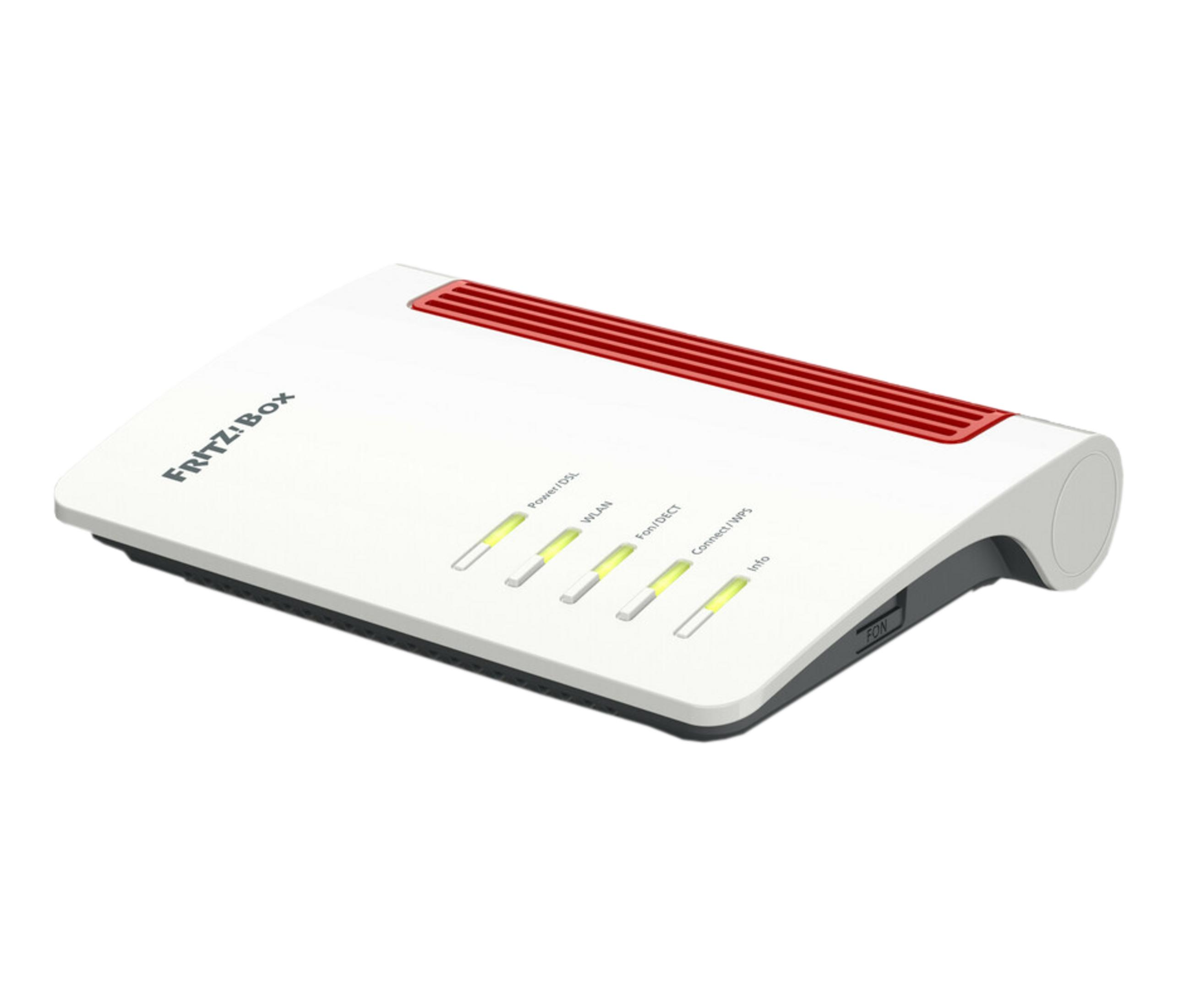 Biały router Fritz!Box z czerwonymi otworami wentylacyjnymi i diodami statusu.
