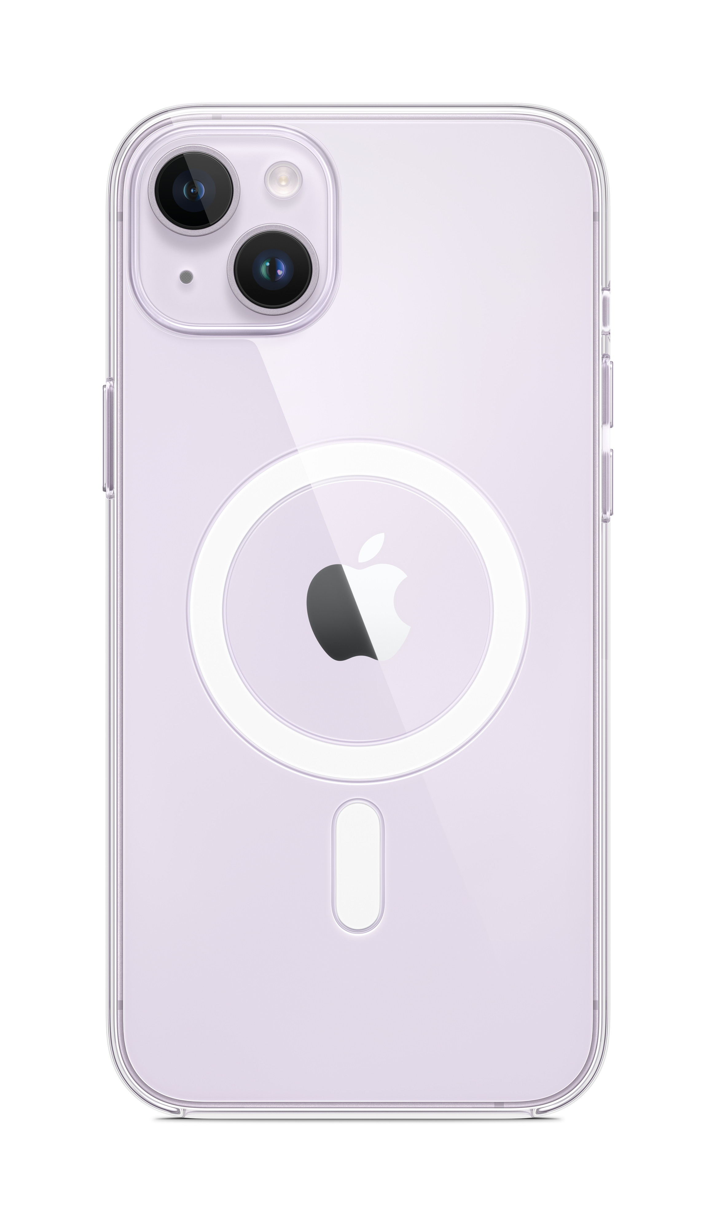 Rückseite eines hellvioletten iPhones in einer klaren Hülle mit Apple-Logo und MagSafe.