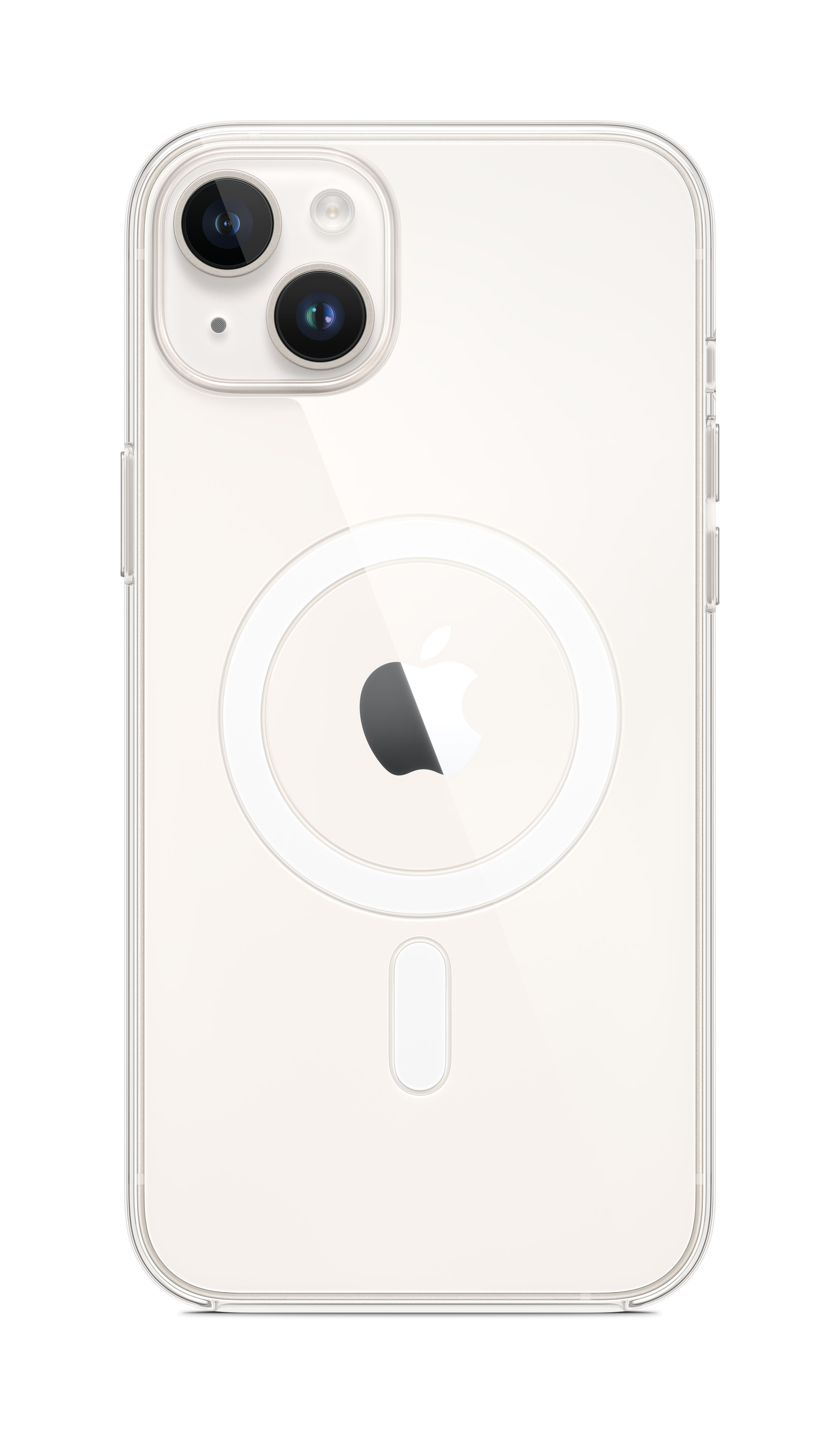 Ein durchsichtiges iPhone mit zwei Kameras und einem Apple-Logo.