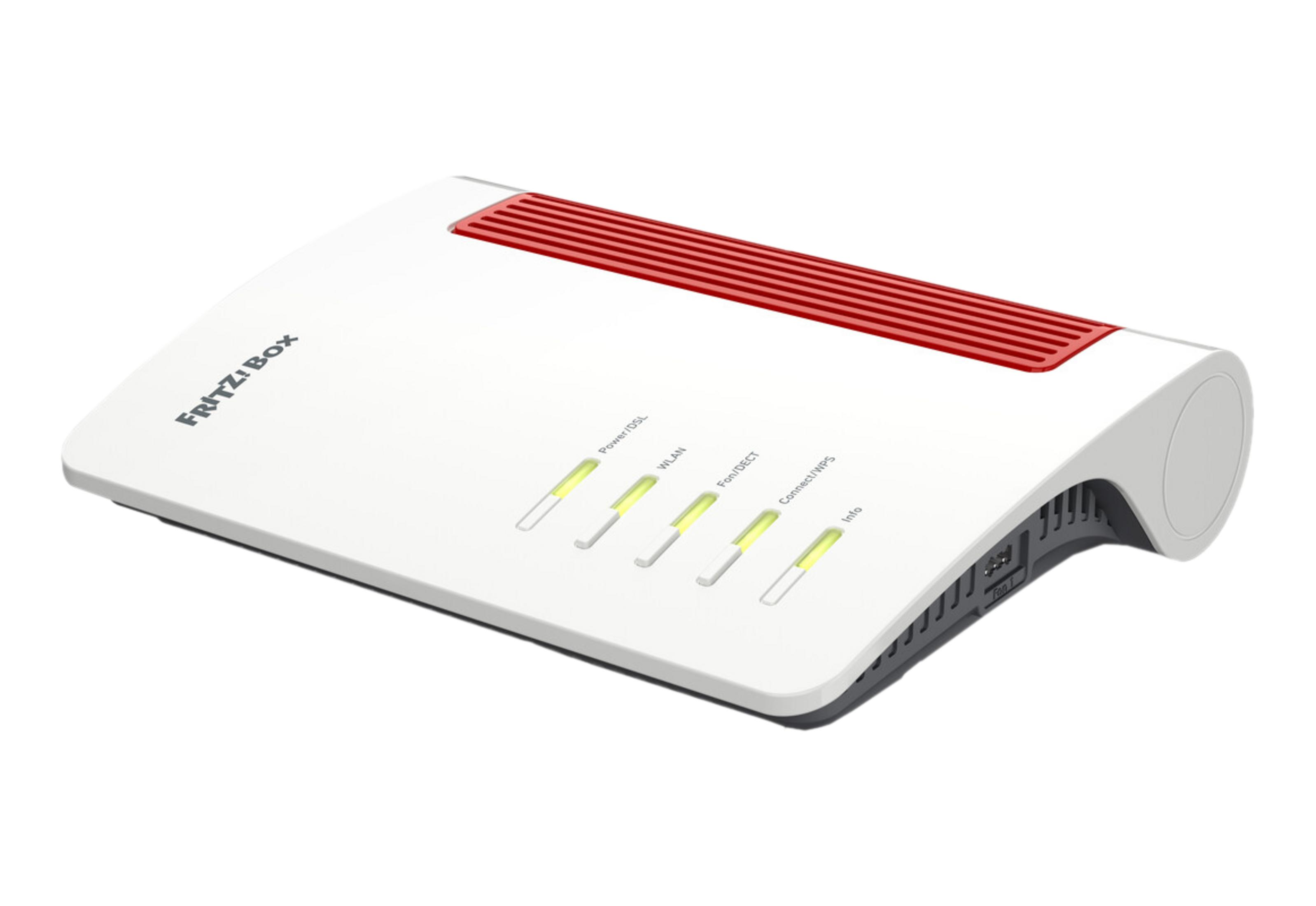 Biały router FRITZ! Box z czerwonymi otworami wentylacyjnymi i podświetlonymi diodami.